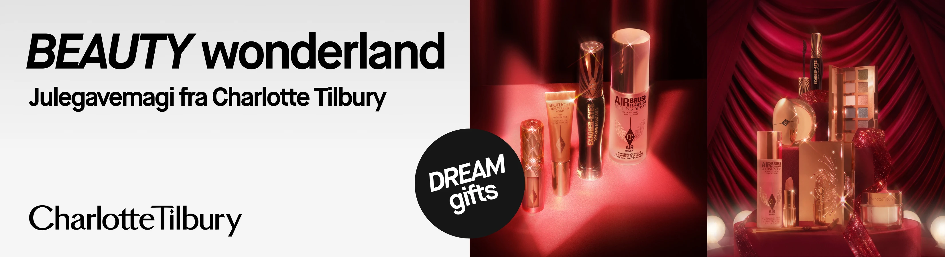 BEAUTY wonderland. Julegavemagi fra Charlotte Tilbury. DREAM gifts. Charlotte Tilbury sminkeprodukter på rød festlig bakgrunn.