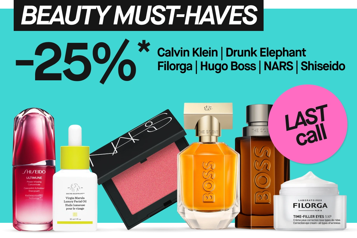 Kampanjakuva tekstillä “25%*” ja “Last call” sekä brändeillä Calvin Klein, Drunk Elephant, Filorga, Hugo Boss, NARS ja Shiseido. Kuvassa näkyvät Filorga Optim-Eyes -silmänympärysvoide ja Shiseido Essential Energy Hydrating Cream sekä henkilö levittämässä silmänympärysvoidetta iholle.
