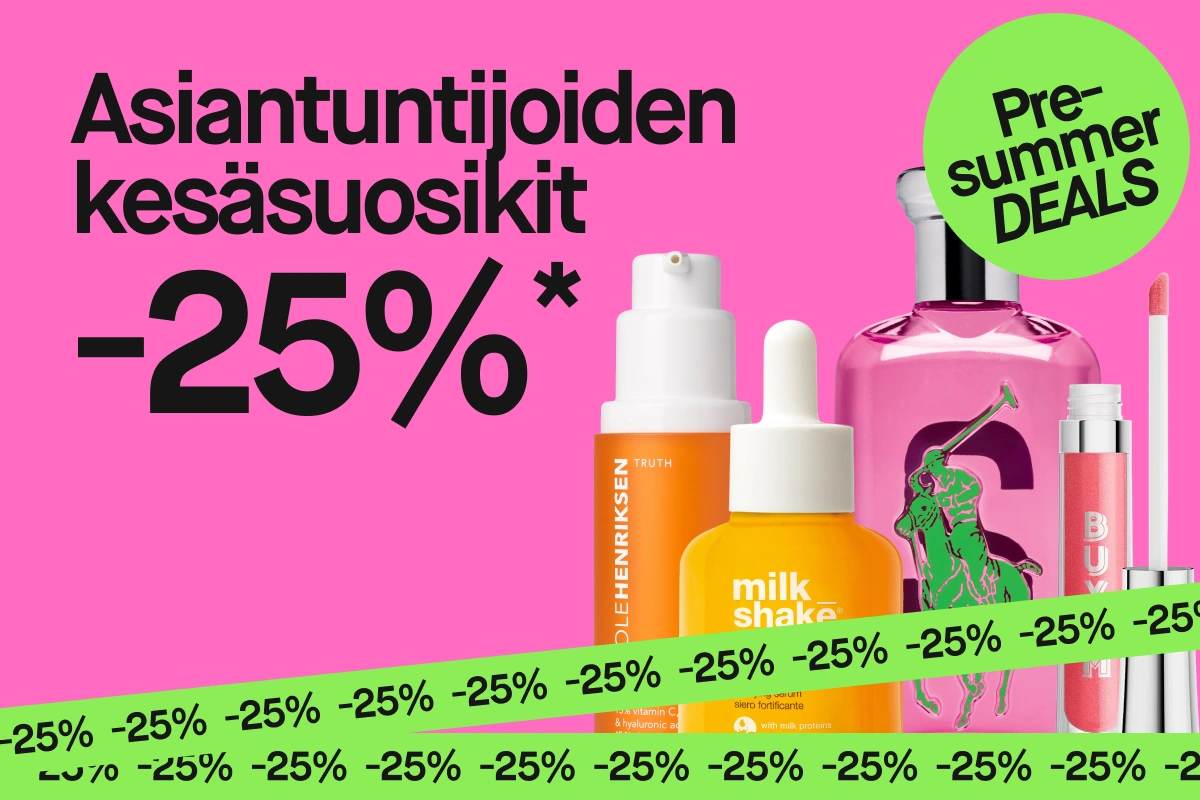 Kauneustuotteita vaaleanpunaisella taustalla: Ole Henriksen Banana Bright Vitamin C Serum, milk shake incredible serum, vaaleanpunainen hajuvesipullo, Buxom-huulikiilto ja Elizabeth Arden Eight Hour Cream. Kuvassa teksti: "Experternas sommarfavoriter 25%*", "Pre-summer DEALS" ja toistuva "25%".