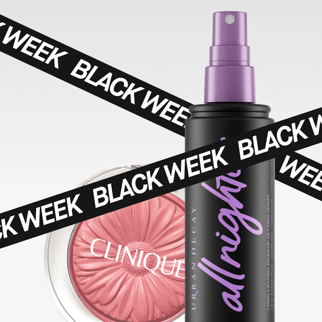 Alle typer sminke er 25% rabatt for medlemmer under Black Week. Bildet viser en Clinique blush og en Urban Decay setting spray.