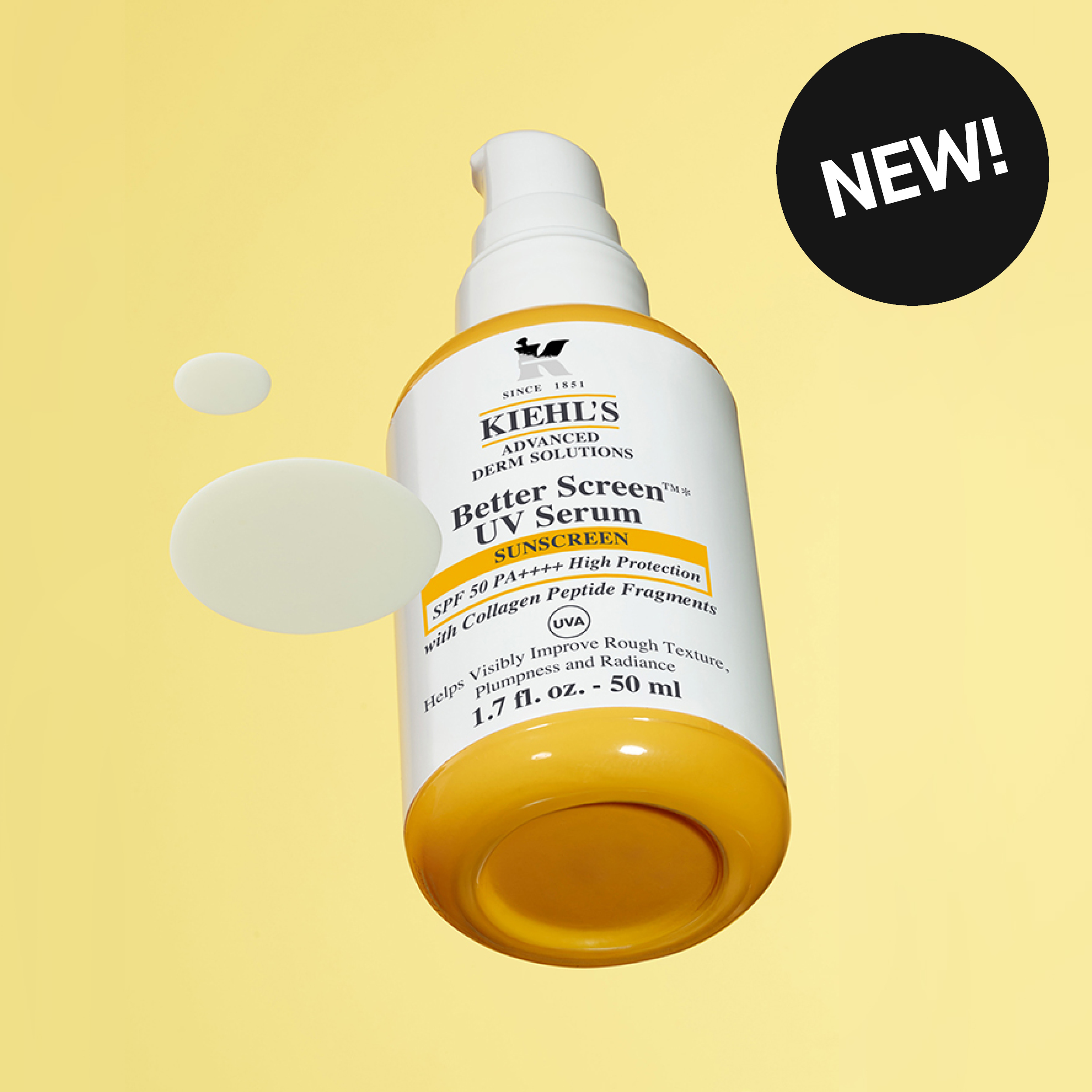 Kiehl’s Better Screen UV Serum SPF 50 PA++++ aurinkosuojaseerumi kelta-valkoisessa pullossa näkyy keltaista taustaa vasten pisaroiden kanssa. Tekstissä lukee “KIEHL’S”, “Better Screen UV Serum”, “SPF 50 PA++++ High Protection”, “with Collagen Peptide Fragments”, “1.7 fl. oz. - 50 ml” sekä musta ympyrä tekstillä “NEW!”.