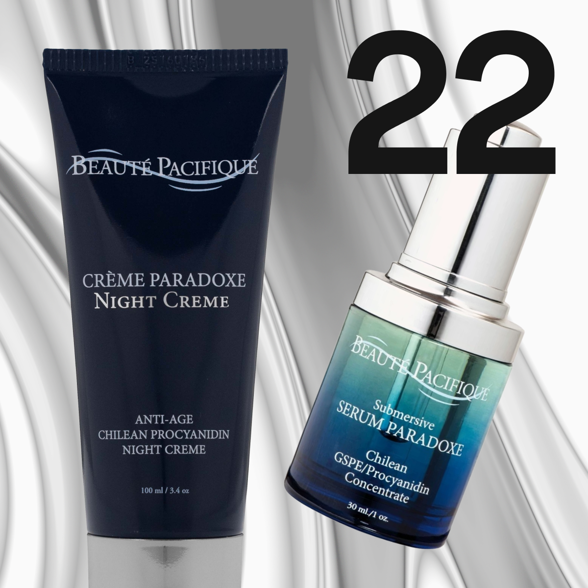 Beauté Pacifique nattkrem og serum i mørkeblå og sølvfargede emballasjer.