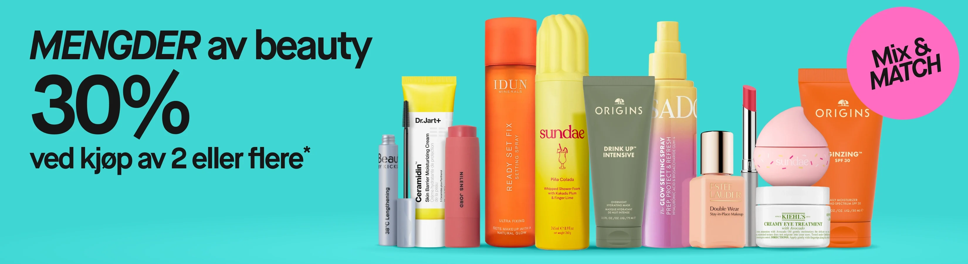 Kampanje med teksten "MASSOR av beauty 30% vid köp av 2 eller fler*" og "Mix & MATCH". Bildet viser beautyprodukter fra blant annet BeautyAct, Dr.Jart+, Nilens Jord, IDUN Minerals, SUNDAYE, Origins, SADA, Estée Lauder og Kiehl's med synlige produktnavn på emballasjen.