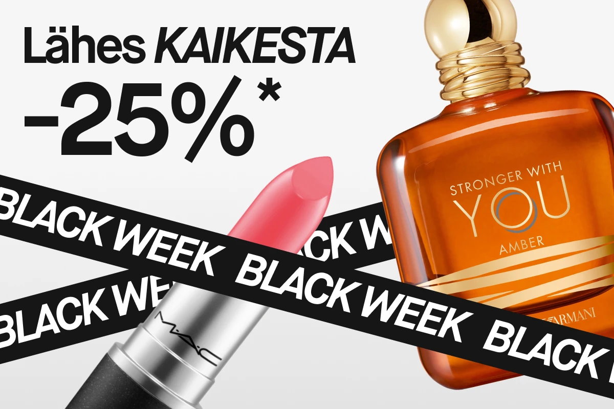 Jäsenet saavat 25 % alennuksen kaikista tuotteista Black Week -tarjouksessa. Kuvassa on huulipuna ja Emporio Armani -tuoksu.