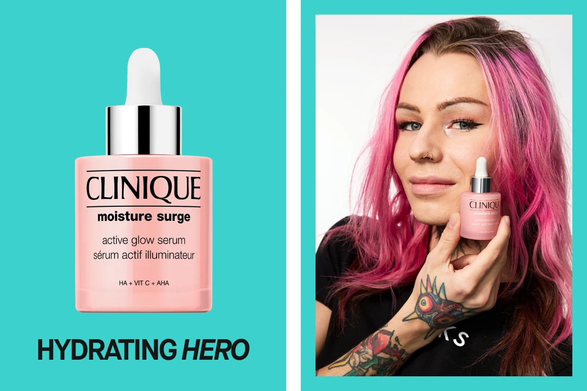 Kuva Clinique Moisture Surge Active Glow Serum -seerumista ja henkilöstä, joka pitää seerumia kädessään. Teksti "HYDRATING HERO".