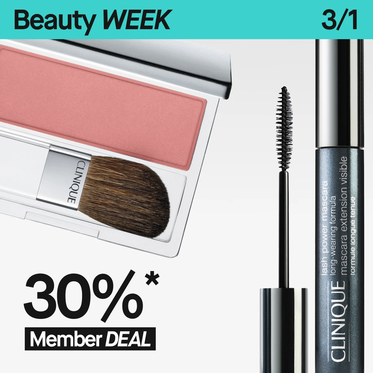 “Clinique sminkkampanj 30% rabatt med Lash Power Mascara, rosa Powder Blush och korallrosa Pop Lipstick på ljus bakgrund.”