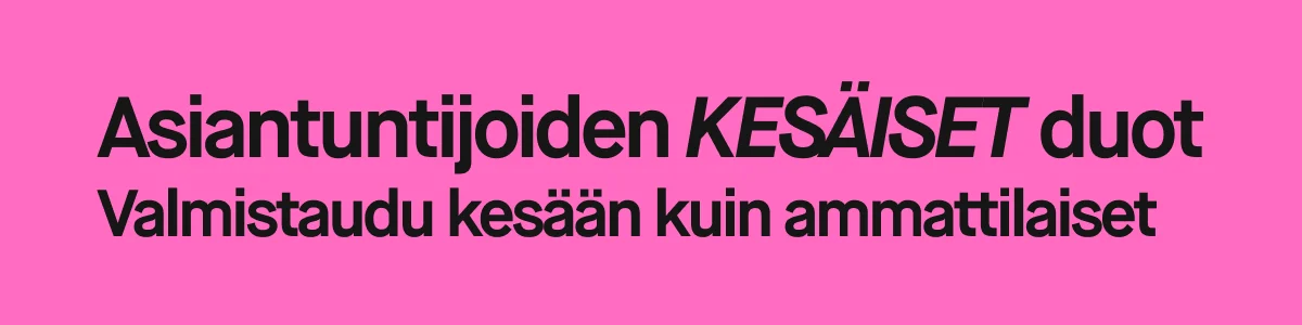 Vaaleanpunainen banneri, jossa teksti “Beauty expert SUMMER duos” ja “Preppa som proffsen inför sommaren”. 