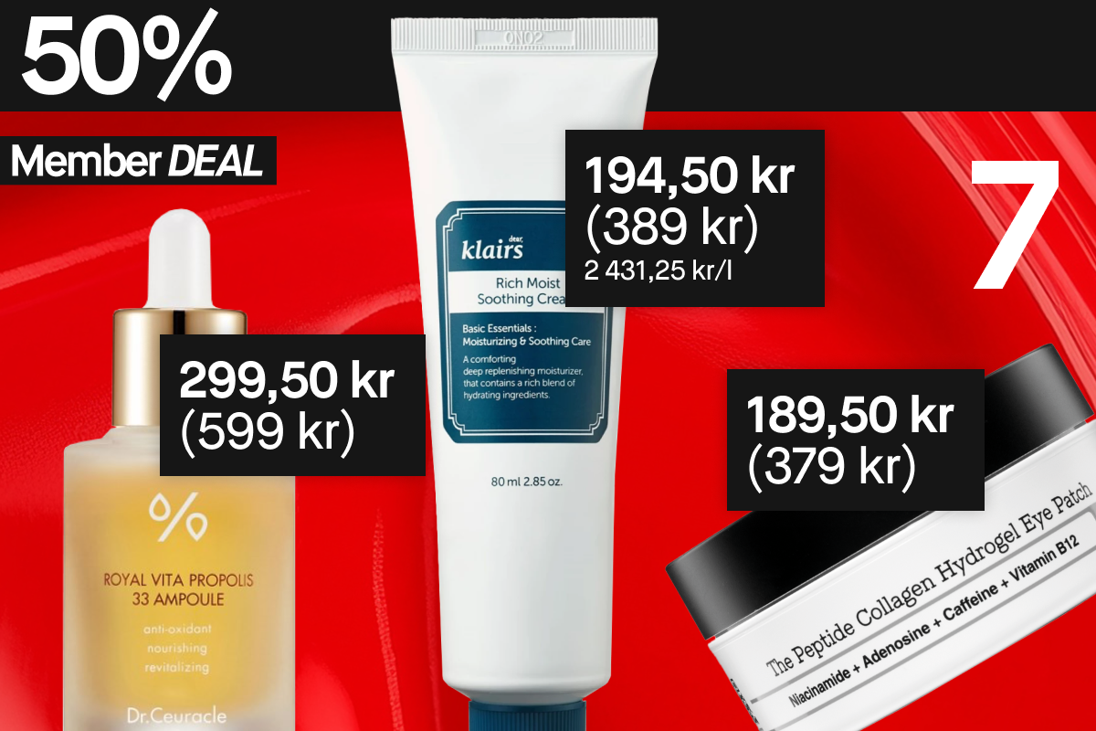 50 % rabatt på disse tre produktene for medlemmer: Dr.Ceuracle Royal Vita Propolis 33 Ampoule, Klairs Rich Moist Soothing Cream og The Peptide Collagen Hydrogel Eye Patch.