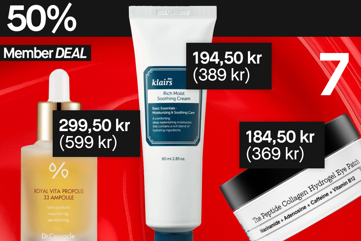50 % rabatt på dessa tre produkter för medlemmar: Dr.Ceuracle Royal Vita Propolis 33 Ampoule, Klairs Rich Moist Soothing Cream och The Peptide Collagen Hydrogel Eye Patch.