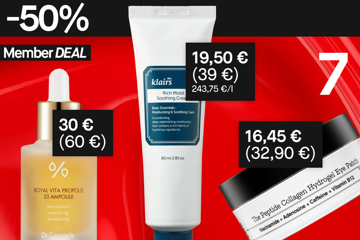 50 % alennus näistä kolmesta tuotteesta jäsenille: Dr.Ceuracle Royal Vita Propolis 33 Ampoule, Klairs Rich Moist Soothing Cream ja The Peptide Collagen Hydrogel Eye Patch.