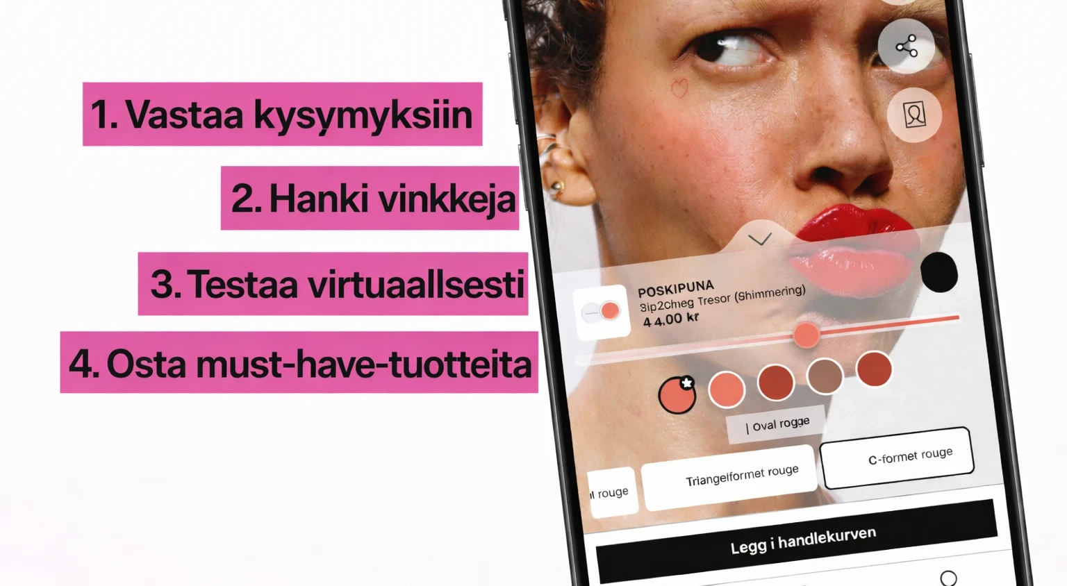 Puhelimen näytöllä näkyy digitaalinen meikkiopas tekstillä ”Makeupartist meets AI – löydä uusi LOOK!”. Näytössä on vaiheittaiset kohdat: vastaa kysymyksiin, saat vinkkejä, testaa virtuaalisesti ja osta suosikkituotteet. Ruudulla näkyy kasvot punaisella huulipunalla ja poskipunalla sekä blush-tuotevalinta.