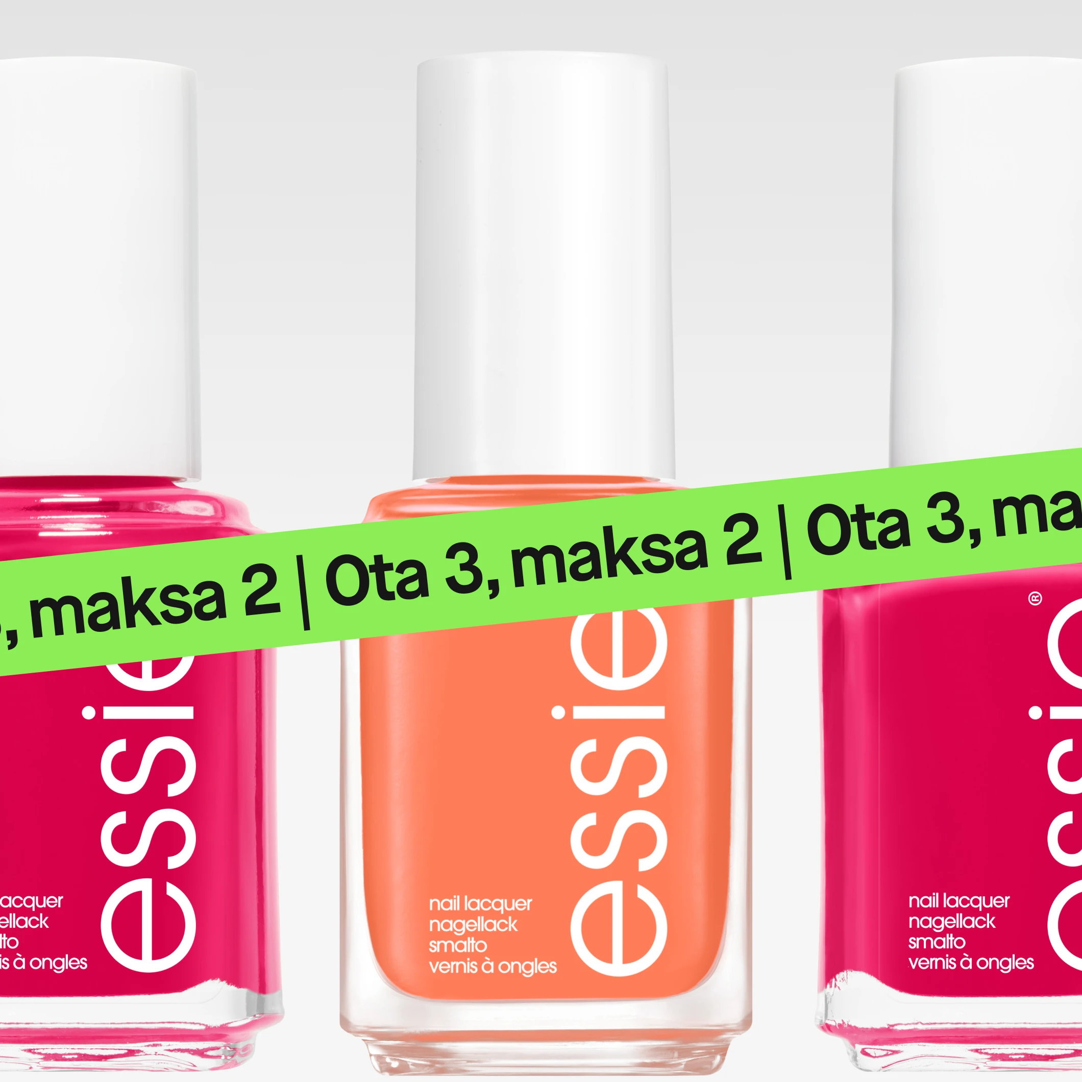 Lähikuva Essie-kynsilakoista pinkeissä ja oransseissa sävyissä, tekstit “essie” ja “nail lacquer nagellack smalto vernis à ongles”, vihreä “3 för 2” -banneri kuvan päällä.