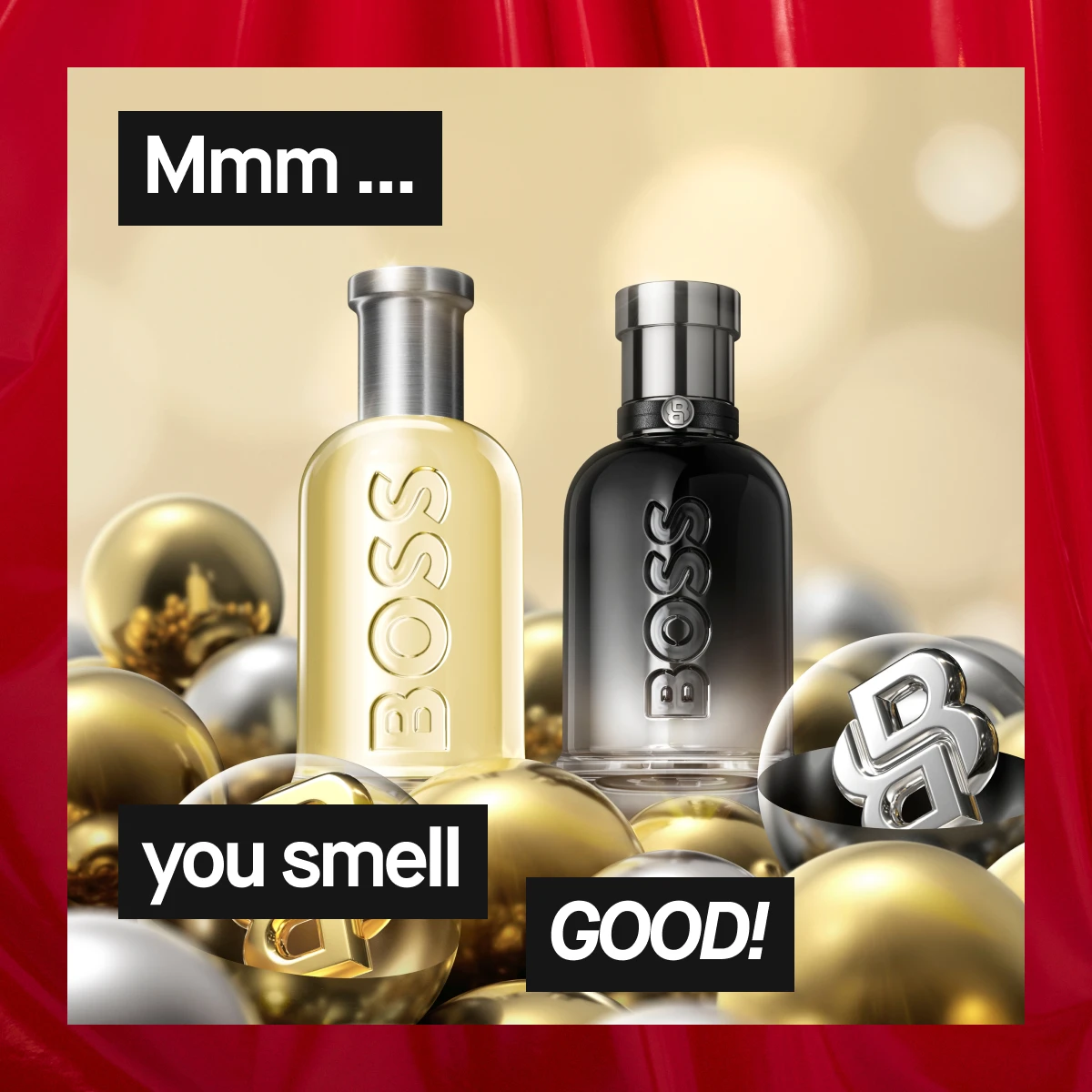 Kuva, joka näyttää kaksi Hugo Boss hajuvettä: keltainen pullo ja musta pullo. Teksti "Mmm ... you smell GOOD!" on näkyvissä. Tausta on beige punaisilla yksityiskohdilla.