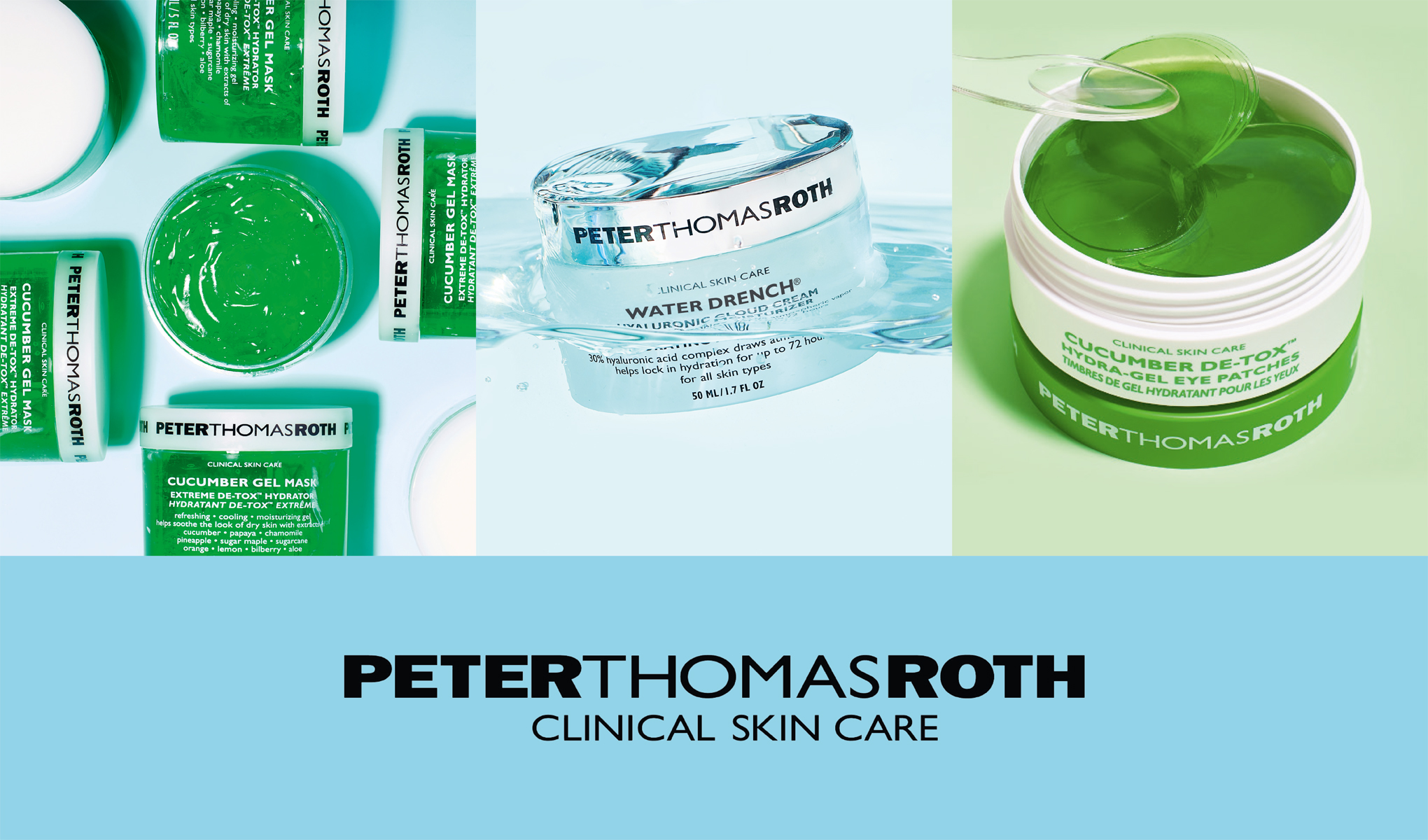 Peter Thomas Roth ihonhoitotuotteet, mukaan lukien Cucumber Gel Mask ja Water Drench, värikkäällä taustalla.
