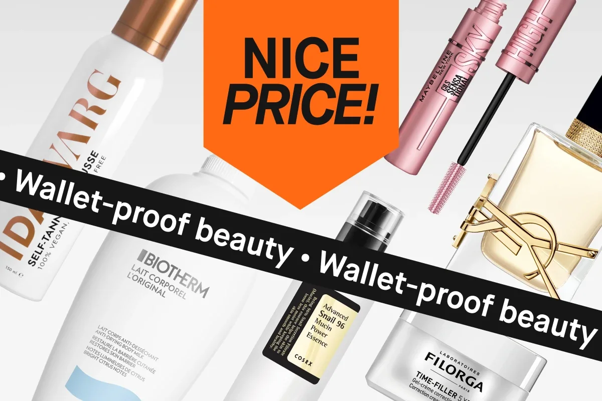 Useita kauneustuotteita vaaleaa taustaa vasten, mukana Acqua di Gioia -hajuvesi Giorgio Armanilta, YSL Libre -hajuvesi, COSRX Advanced Snail Radiance Dual Essence -seerumi ja Depend Gel iQ -kynsisarja. Kuvassa näkyy oranssi “NICE PRICE!” -merkki ja musta banneri tekstillä “More beauty added”.