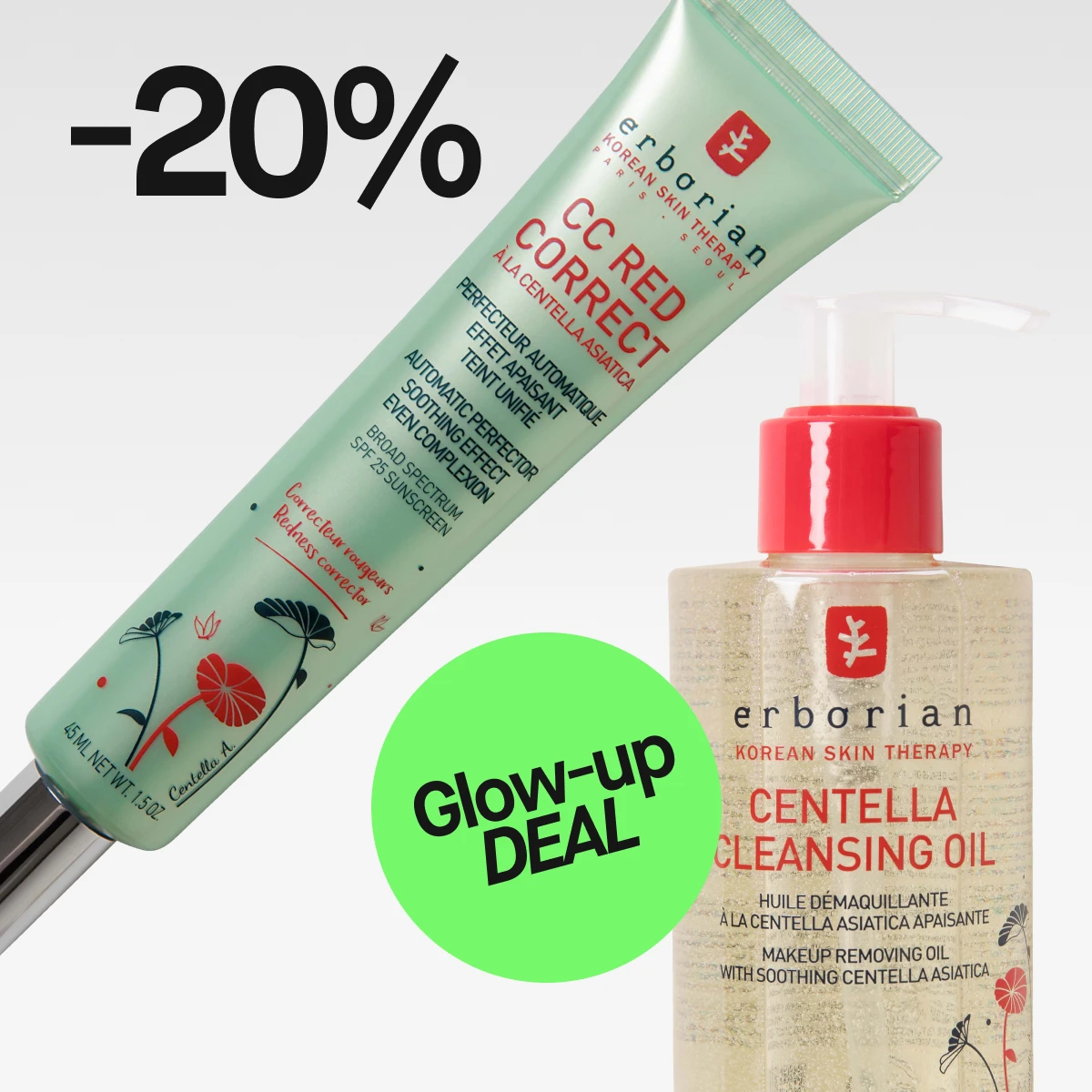 Kuva, joka näyttää kaksi Erborian Korean Skin Therapy -tuotetta. Ylhäällä on vihreä tuubi CC Red Correct. Alapuolella on pullo Centella Cleansing Oil. Kuvassa näkyy tekstit "20%" ja "Glow-up DEAL", mikä viittaa siihen, että tuotteet ovat tarjouksessa 20% alennuksella.