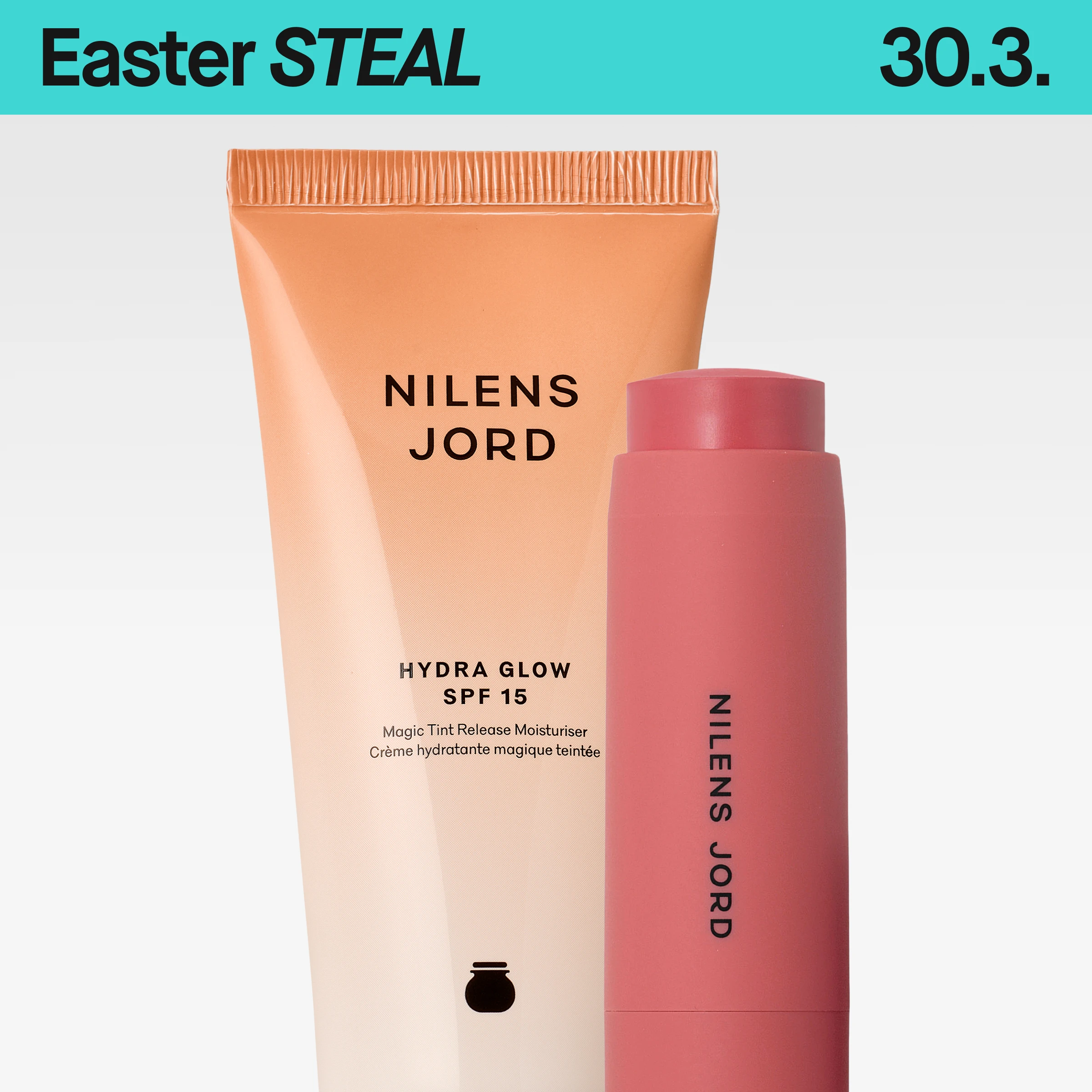 Tuotekuva Nilens Jord Hydra Glow SPF 15 -voiteesta tuubissa sekä yhteensopivasta vaaleanpunaisesta stick-tuotteesta vaaleanharmaalla taustalla.