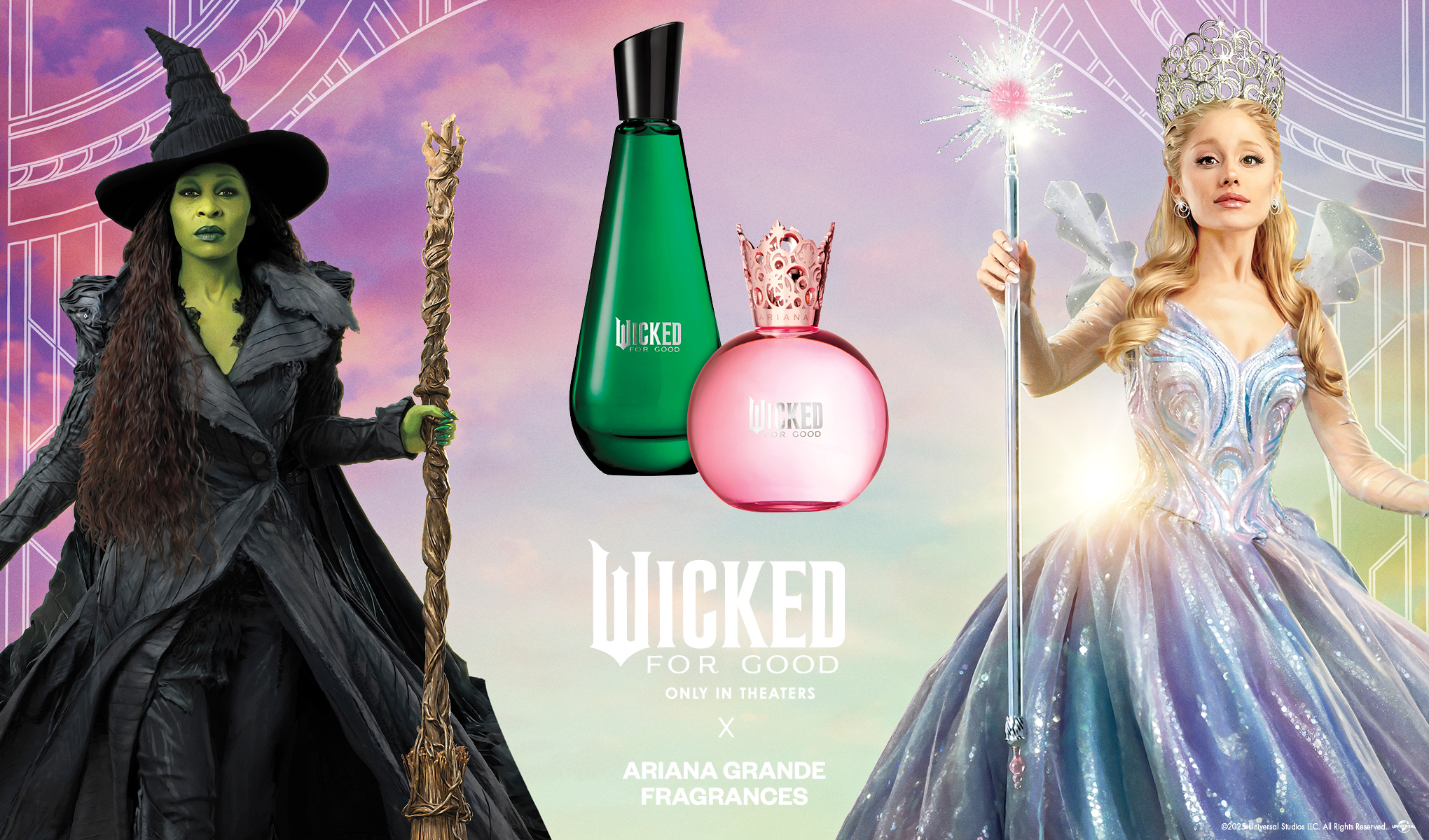 Två karaktärer från filmen "Wicked": en grönhudig häxa och en ljushårig fe, samt två parfymflaskor, en grön och en rosa.