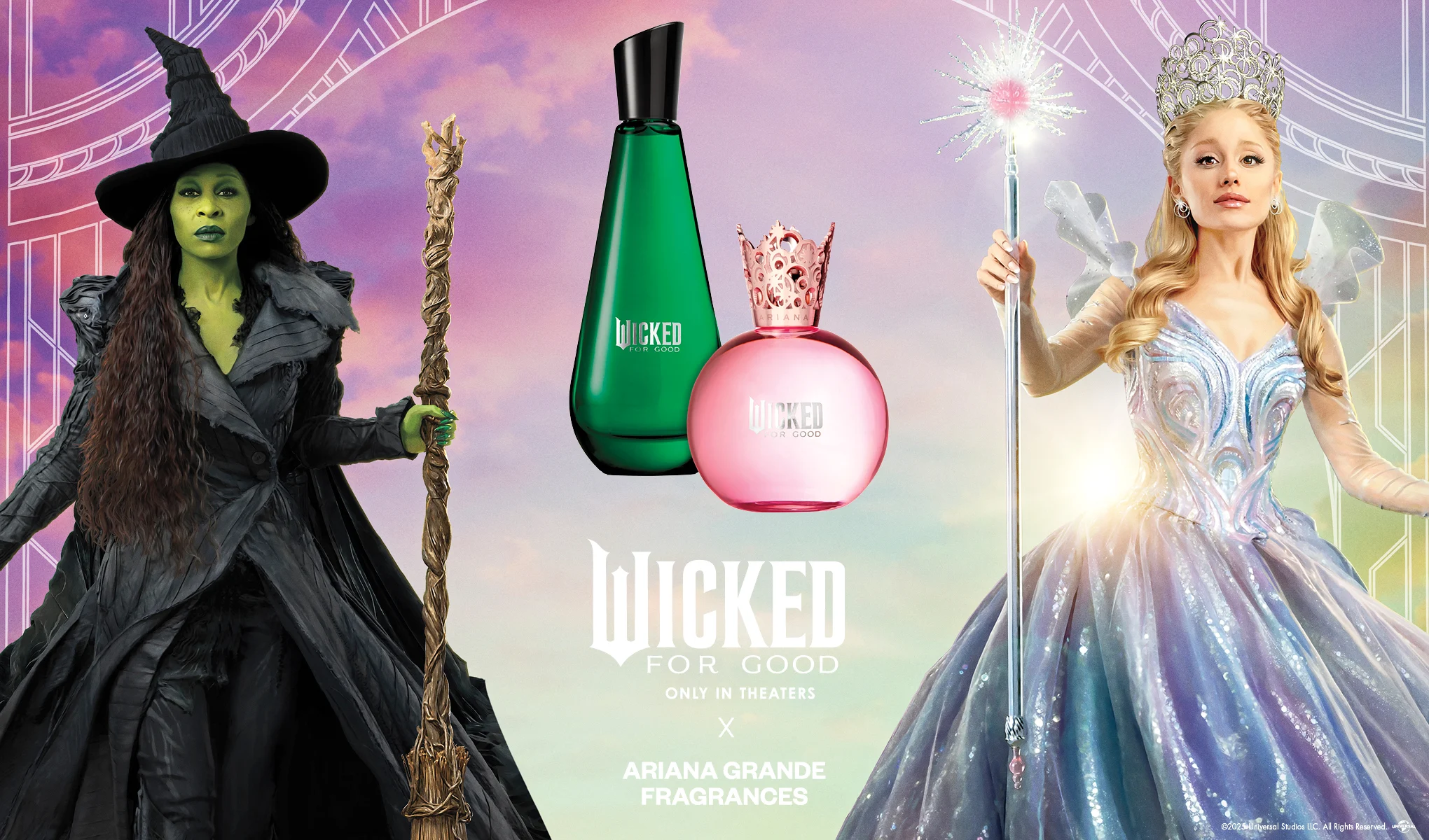 Två karaktärer från filmen "Wicked": en grönhudig häxa och en ljushårig fe, samt två parfymflaskor, en grön och en rosa.
