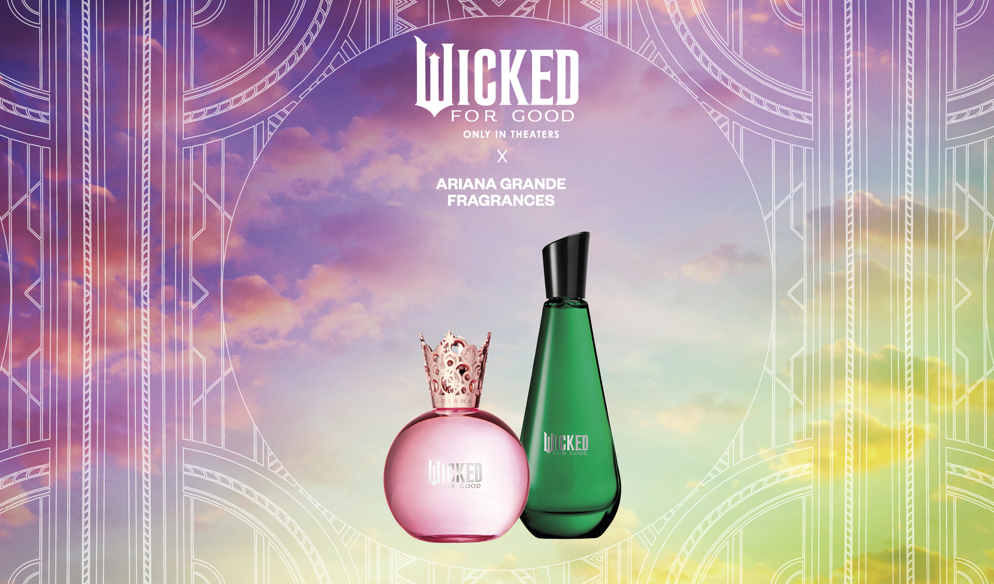 To parfymeflasker fra Ariana Grande Fragrances, en rosa og en grønn, med "Wicked For Good" logoen mot en fargerik bakgrunn.