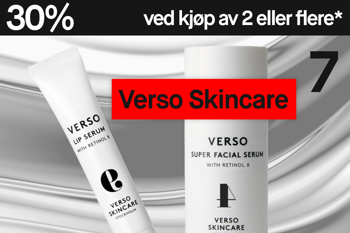 Bilde som viser en reklame for en kampanje med 30% rabatt ved kjøp av to produkter fra Verso Skincare. En hvit tube med Verso Lip Serum og en hvit flaske med Verso Super Facial Serum er synlige. Teksten "Verso Skincare" er synlig i en rød rektangel. Bakgrunnen er grå med hvite detaljer.