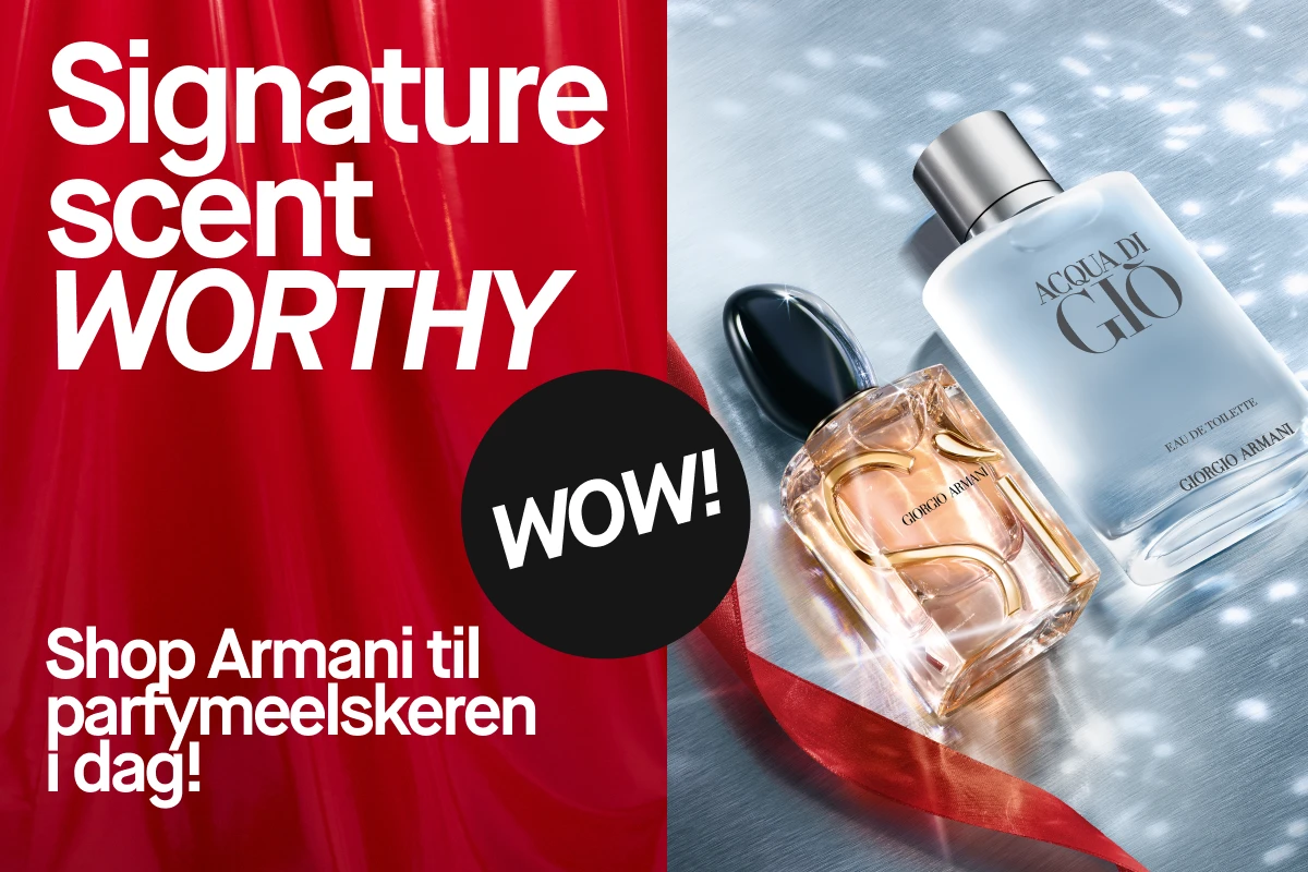 To parfymer fra Giorgio Armani – Acqua di Giò og Sì – ligger på en glitrende metallisk overflate med rød satengbakgrunn. Teksten “Signature scent worthy – Shoppa Armani til parfymeelskeren i dag!” uttrykker eksklusivitet og gaveinspirasjon.