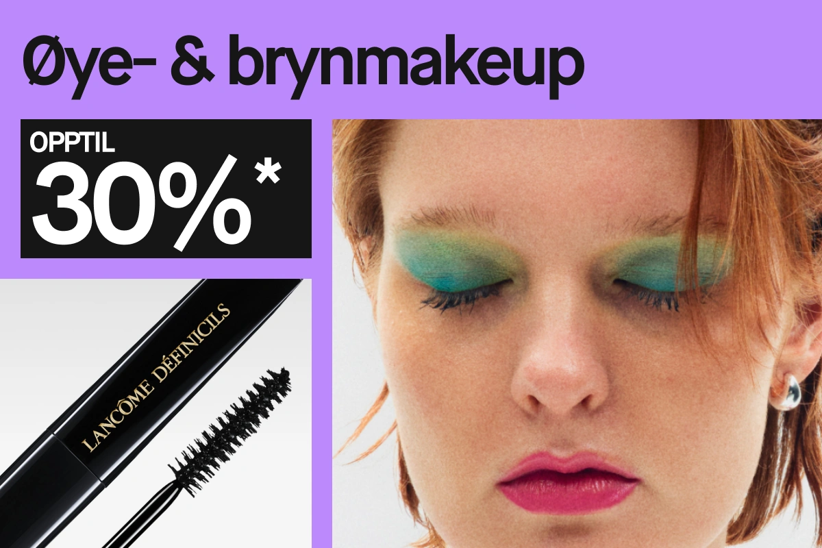 Teksten “Ögon- & brynmakeup UPP TILL 30%*” vises sammen med Lancôme Définicils mascara og en person med grønn øyenskygge og rosa leppestift.
