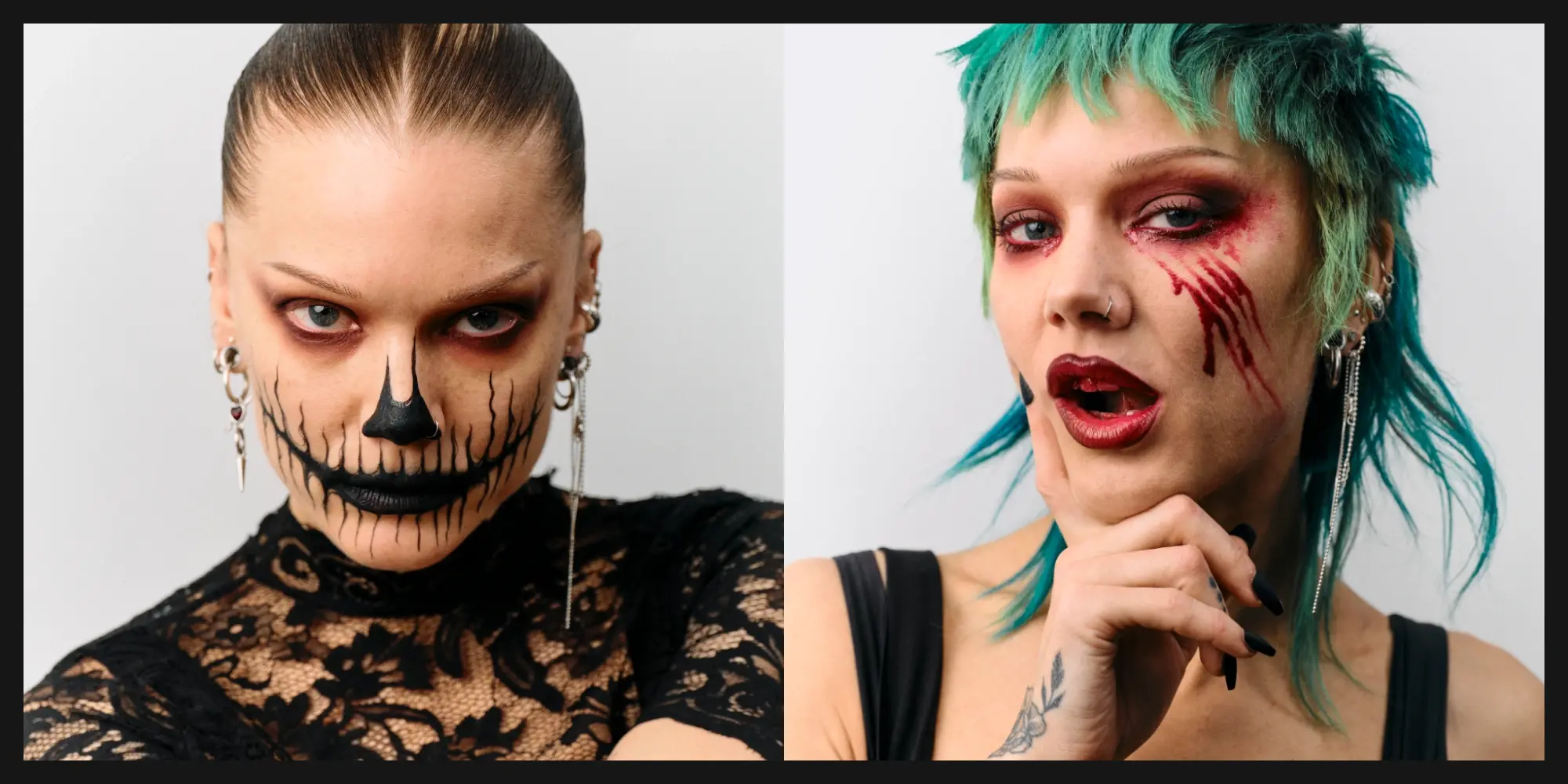 Kaksi mallia dramaattisessa Halloween-meikissä. Toisella on mustat kallopiirteet, toisella vihreät hiukset ja punainen silmämeikki verivanoin.
