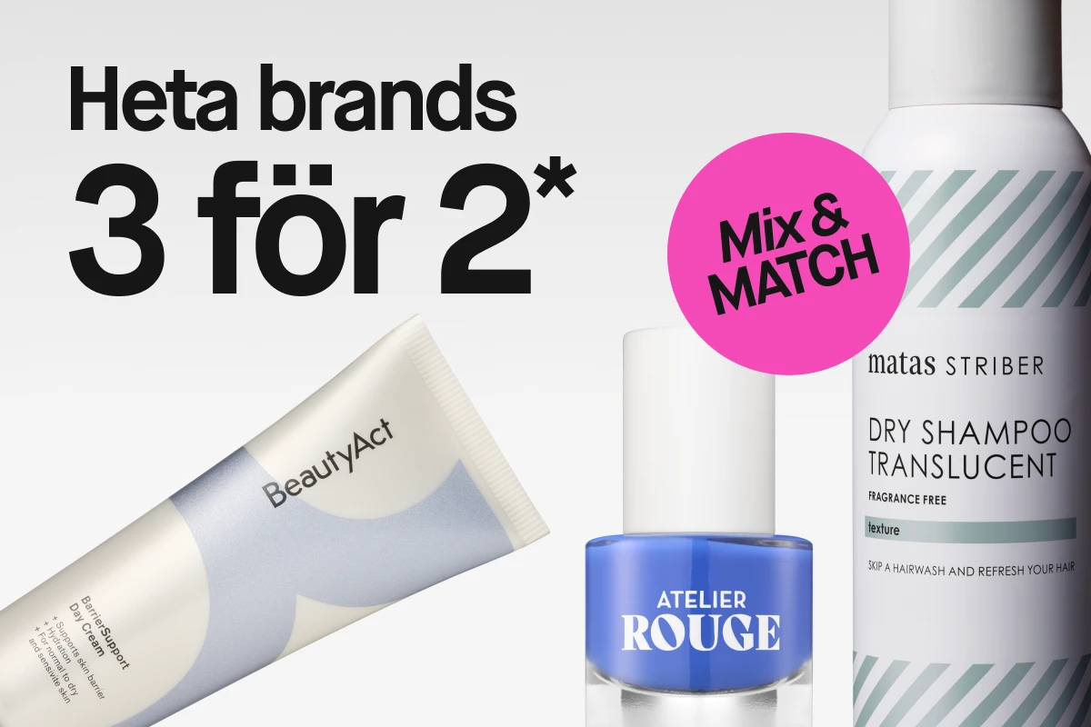 Kampanjbild med texten ”Heta brands 3 för 2*” och en rosa cirkel med ”Mix & Match”, bredvid BeautyAct BarrierSupport Day Cream, Atelier Rouge-nagellack och Matas Striber Dry Shampoo.