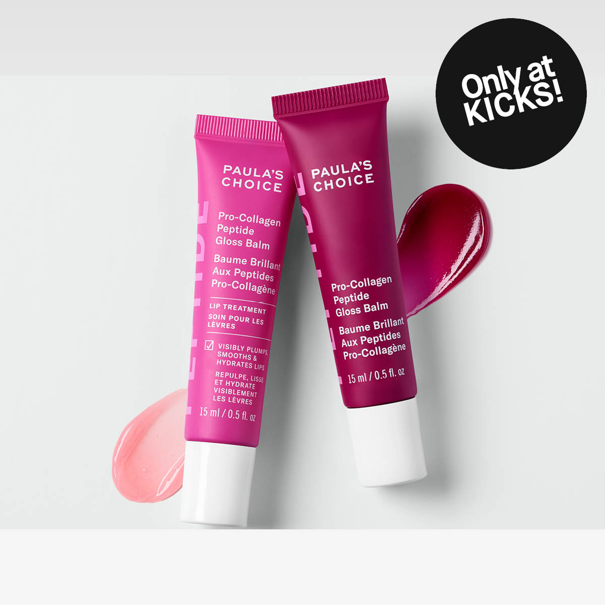 Kaksi purppuranväristä huulikiiltoputkiloa, joissa lukee "PAULA'S CHOICE Pro-Collagen Peptide Gloss Balm".