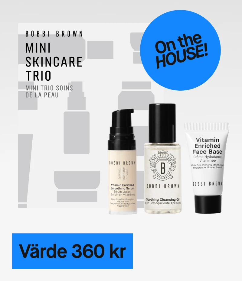 Bobbi Brown Mini Skincare Trio med tre hudvårdsprodukter: Vitamin Enriched Smoothing Serum, Soothing Cleansing Oil och Vitamin Enriched Face Base. Värde 360 kr. Gratis för medlemmar.