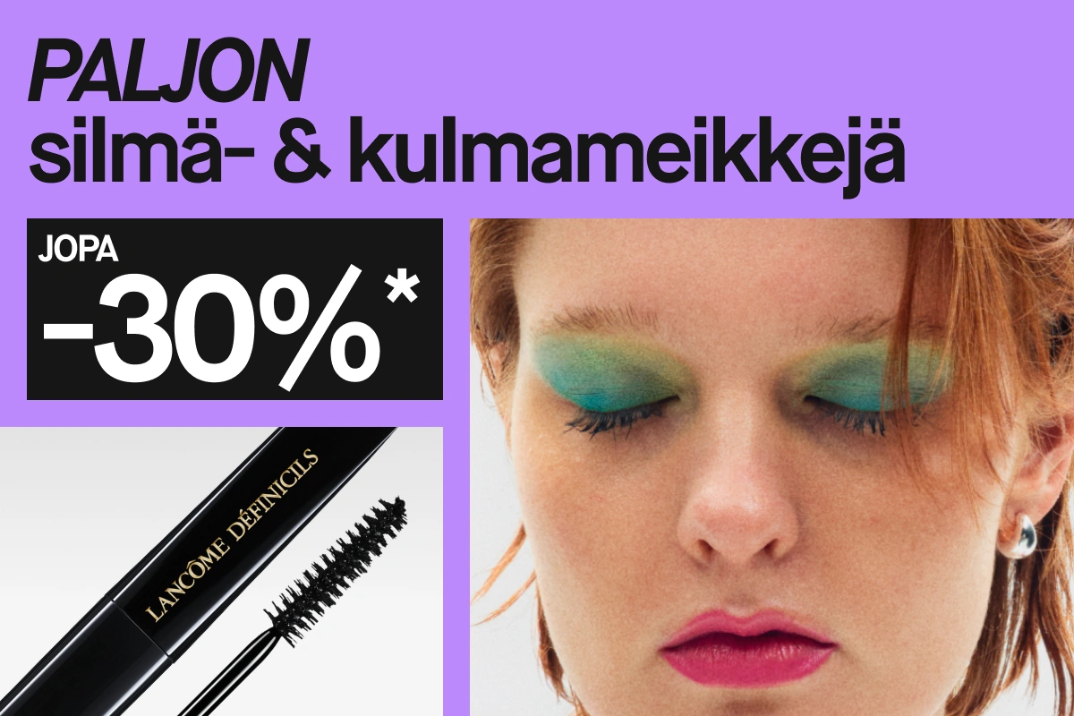 Teksti “MASSOR av ögon- & brynmakeup UPP TILL 30%*” näkyy yhdessä Lancôme Définicils -ripsivärin ja henkilön kanssa, jolla on vihreä luomiväri ja pinkki huulipuna.