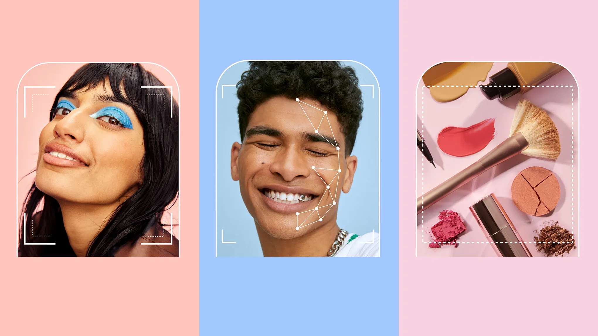 Tre bilder: en person med mörkt hår mot en rosa bakgrund, en person med lockigt hår mot en ljusblå bakgrund, och olika sminkprodukter mot en rosa bakgrund.