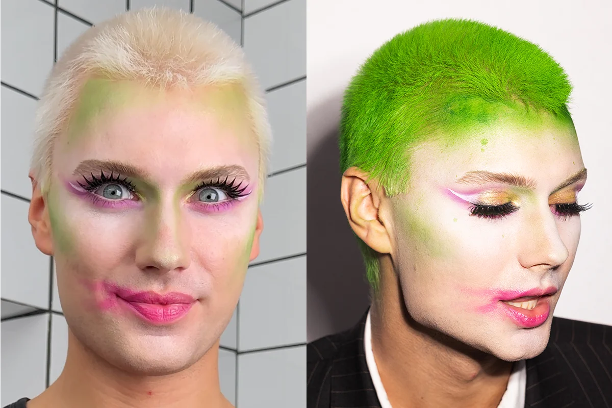 En tutorial som viser steg for steg hvordan man lager en Halloween-sminke av Beetlejuice. Et bilde viser en person med bleket hår under arbeidet med sminken. Et annet bilde viser samme person med grønt hår, kledd i svart dress med hvit skjorte og svart slips, som det ferdige resultatet. Personen står mot en bakgrunn med hvite og svarte fliser i det første bildet og mot en hvit bakgrunn i det andre bildet.