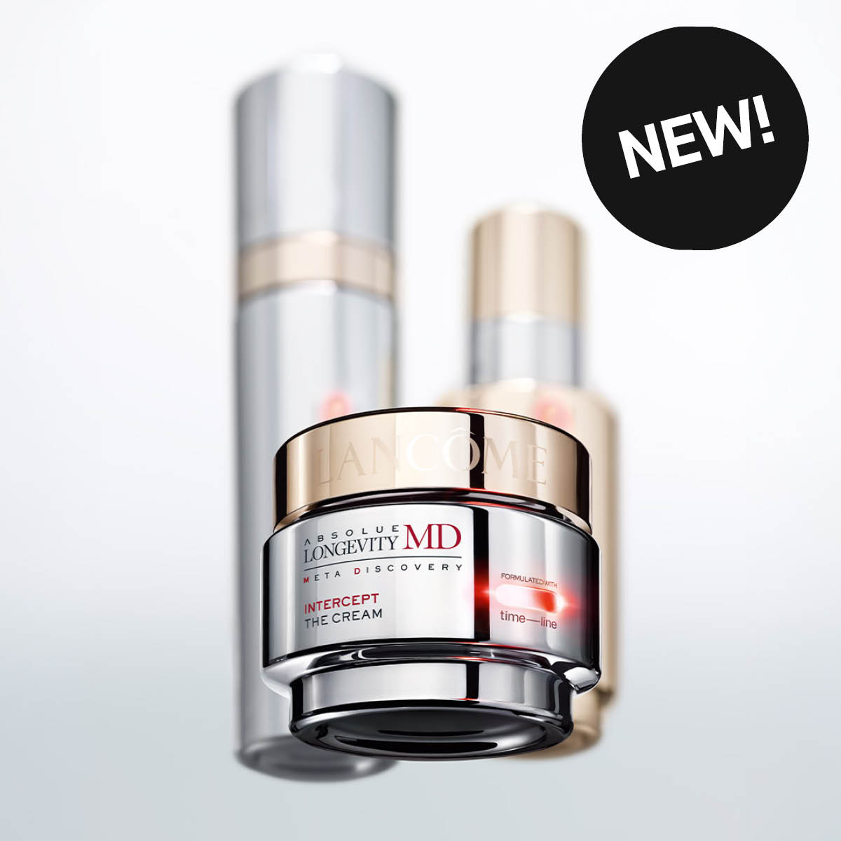 Hudpleieprodukter fra Lancôme med krukke merket “LANCÔME ABSOLUE LONGEVITY MD META DISCOVERY INTERCEPT THE CREAM” samt en svart sirkel med teksten “NEW!”.