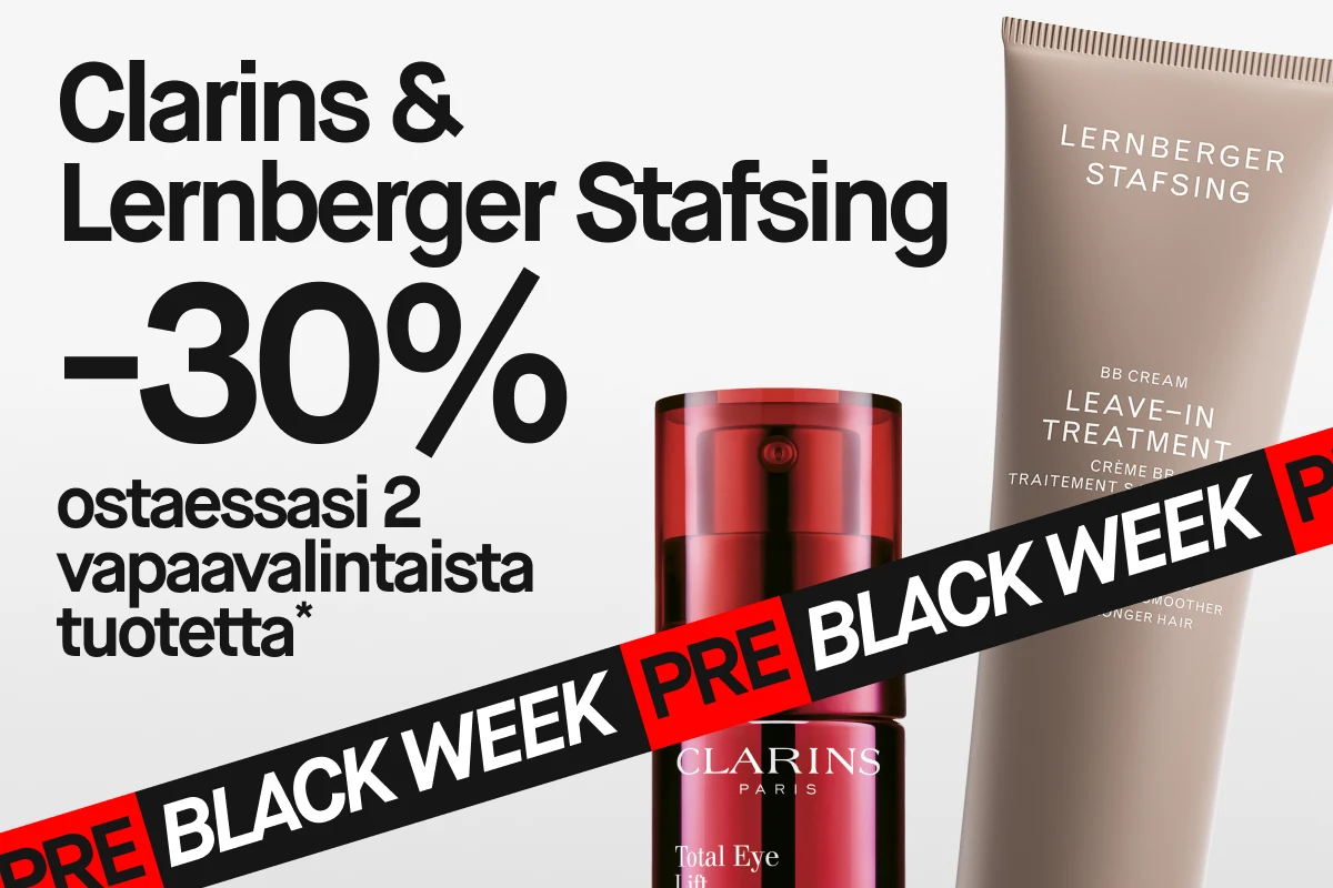 Clarins ja Lernberger Stafsing 30% alennuksella, kun ostat vähintään kaksi. Mix & Match Pre-Black Week -kampanja.