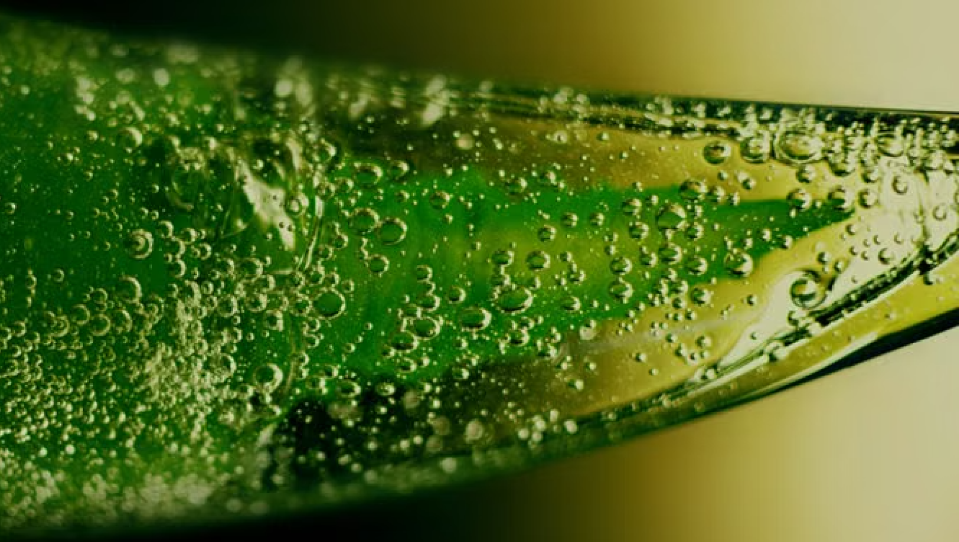 Nærbilde av en grønn, transparent gel med mange små luftbobler og en blank, flytende tekstur.