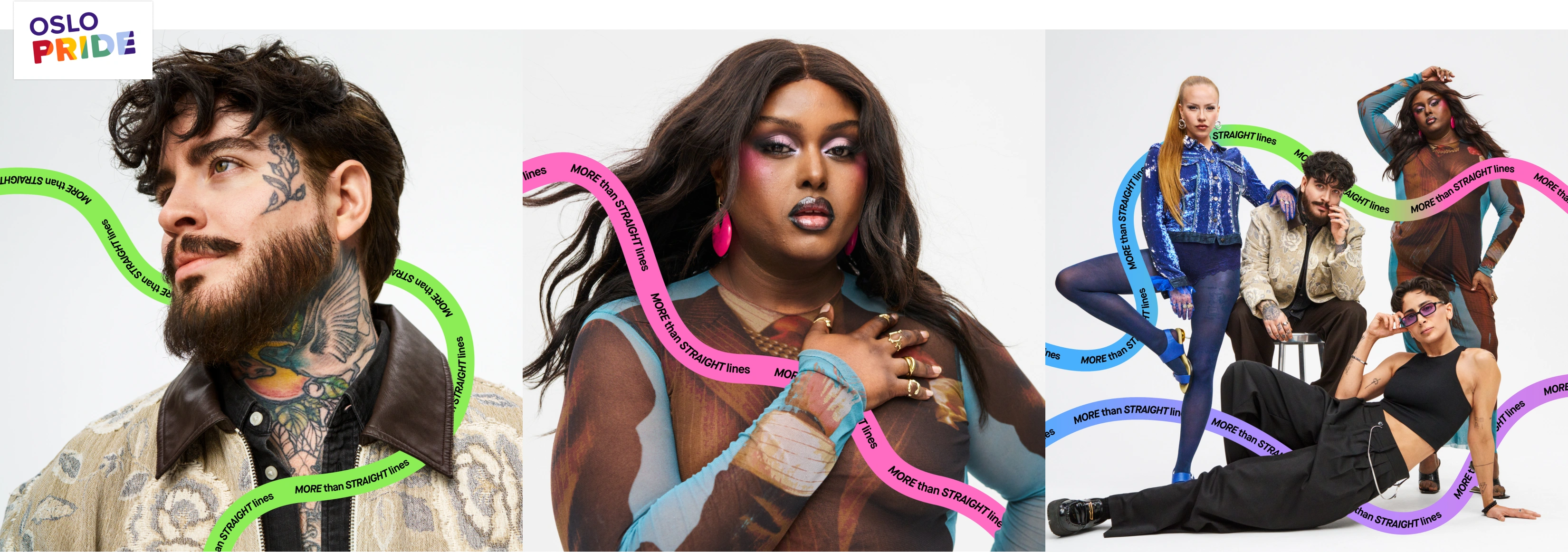 Kollasj med tre bilder mot lys grå bakgrunn og fargerike grafiske linjer med teksten “MORE than STRAIGHT lines”. Bildene viser portretter av personer med uttrykksfull sminke og moteplagg samt et gruppebilde med fire personer og merket “Guildpartner Stockholm Pride 2026”.