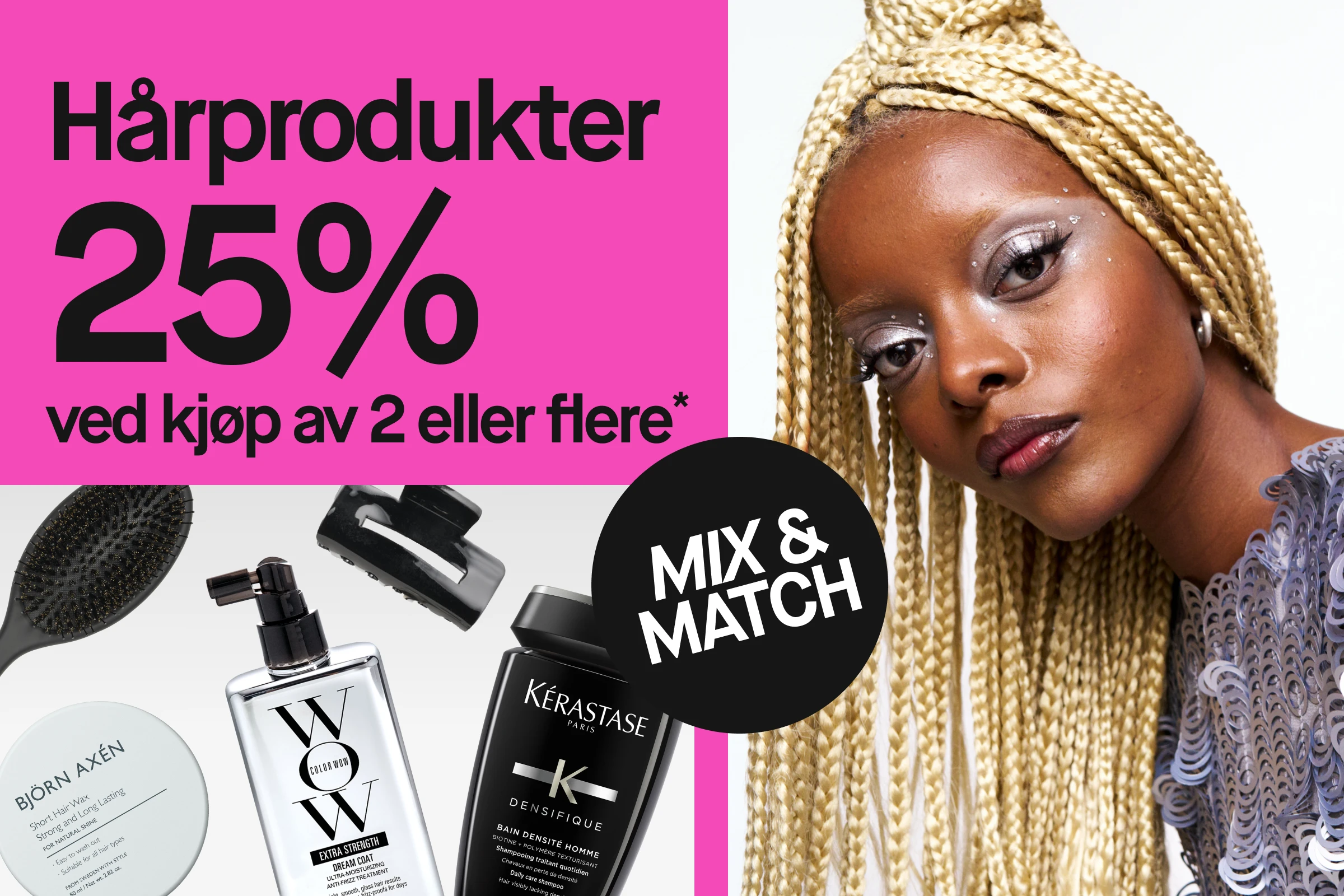 Kampanjebilde med hårprodukter og modell med lange blonde fletter og sølvsminke ved siden av rosa produktfelt.