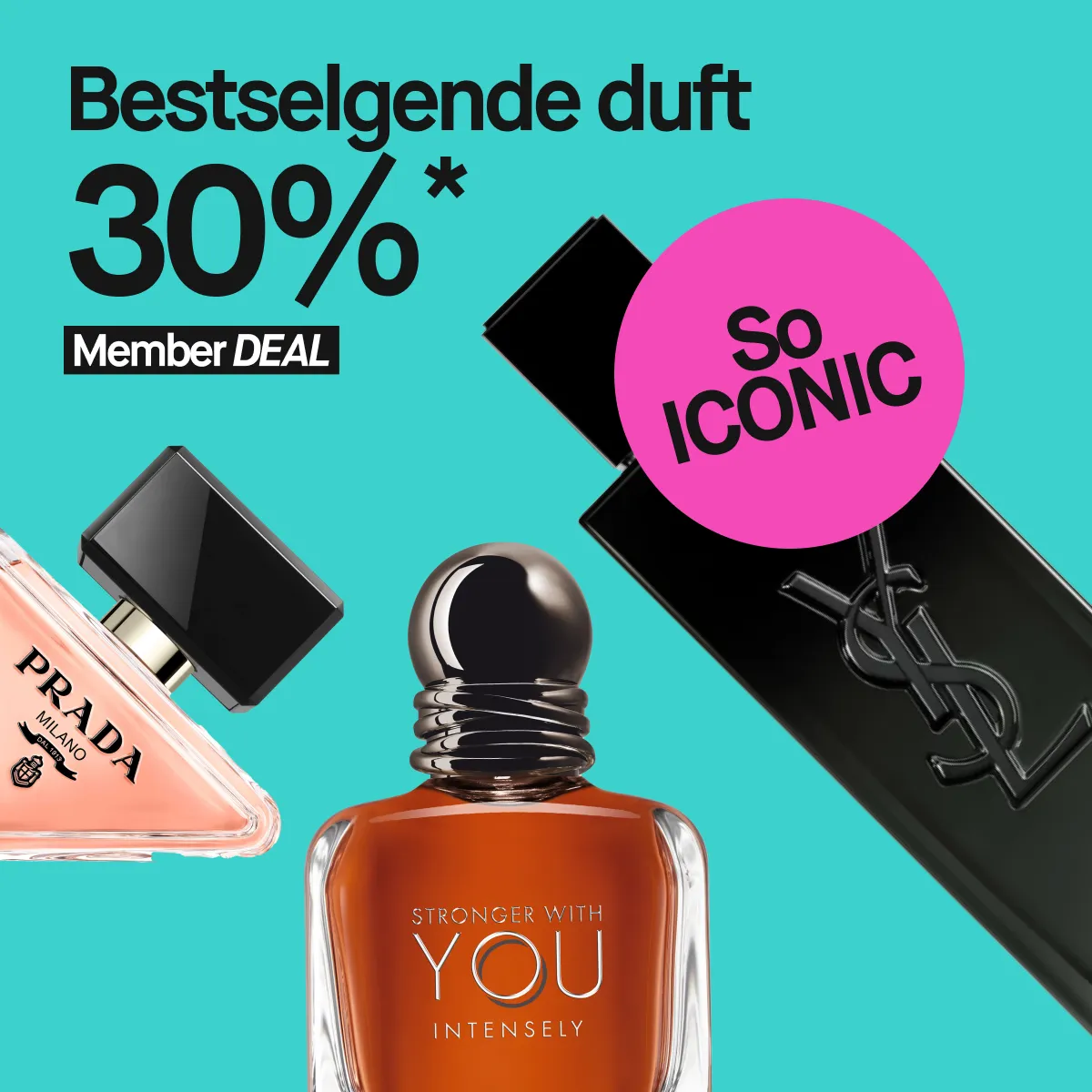 Tre parfymeflasker mot en turkis bakgrunn med teksten 'Bestselgende duft 30% Member DEAL'. En av flaskene er merket med en rosa sirkel der det står 'So ICONIC'.