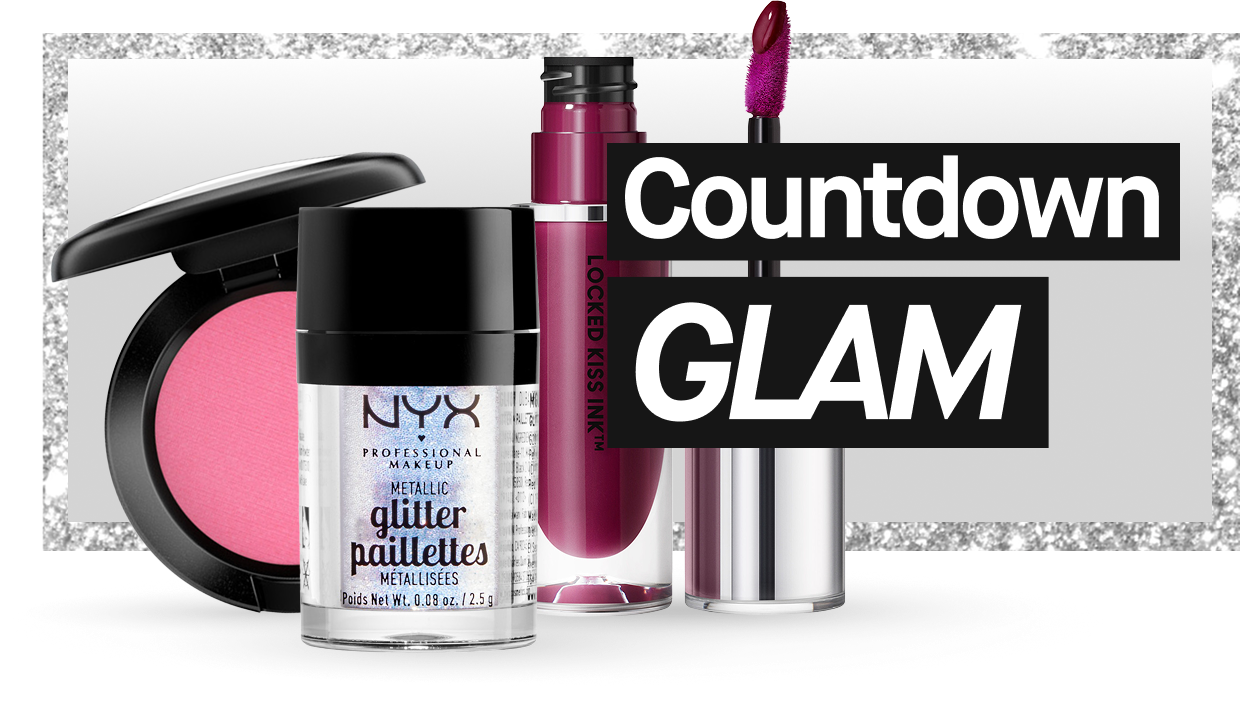Lähikuva suosikkimeikeistä, kuten huuliväristä, poskipunasta, kimaltavasta pigmentistä ja ripsiväristä – Countdown Glam -kampanja.