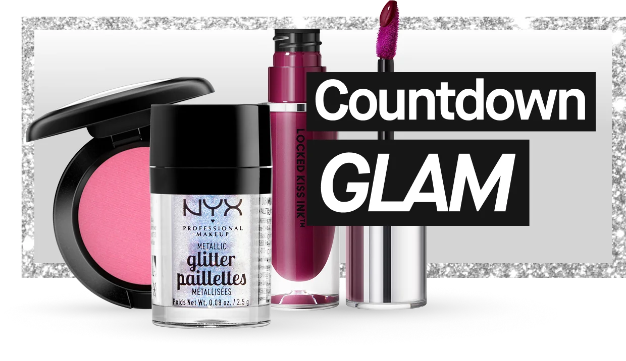 Lähikuva suosikkimeikeistä, kuten huuliväristä, poskipunasta, kimaltavasta pigmentistä ja ripsiväristä – Countdown Glam -kampanja.
