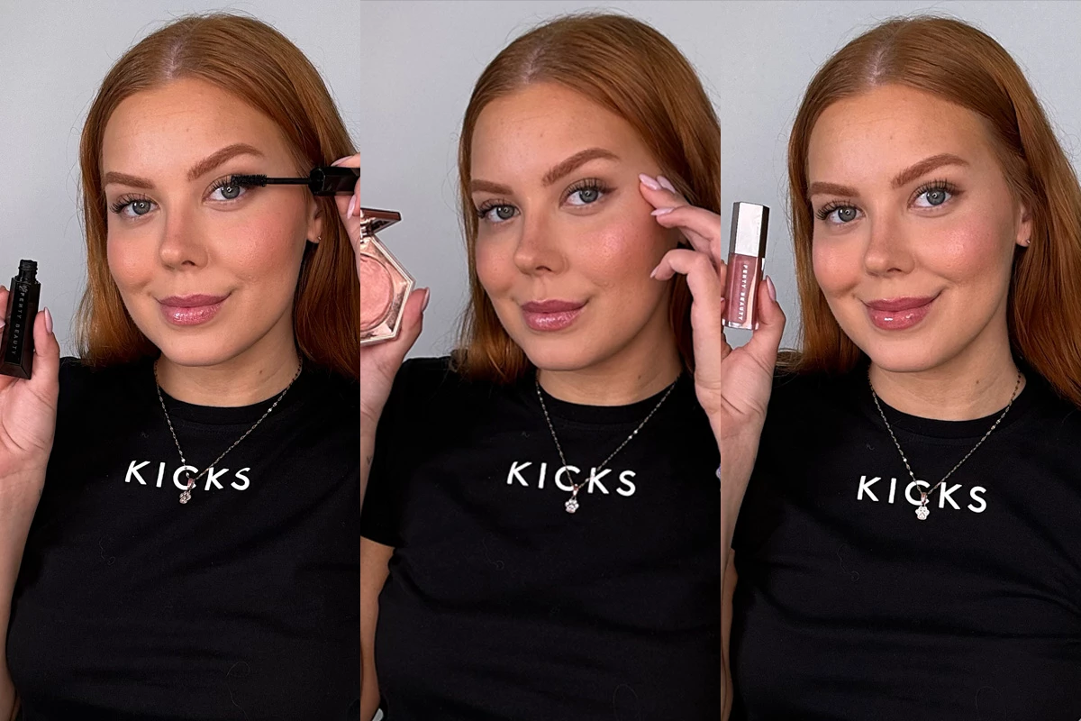 Tre bilder på en person med långt rött hår mot en grå bakgrund. På första bilden håller hon upp en svart sminkprodukt, på andra bilden håller hon upp en öppen sminkpalett, och på tredje bilden håller hon upp en läppglans.