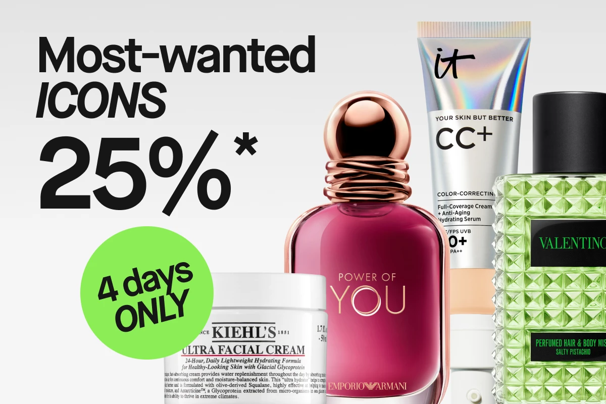 Kampanjebilde med teksten «Populära brands 25%*» og den turkise markeringen «4 days ONLY». Produkter fra Kiehl’s Ultra Facial Cream, Emporio Armani Power of You, IT Cosmetics «YOUR SKIN BUT BETTER CC+» og Yves Saint Laurent-parfyme vises mot lys grå bakgrunn som del av et skjønnhetstilbud.
