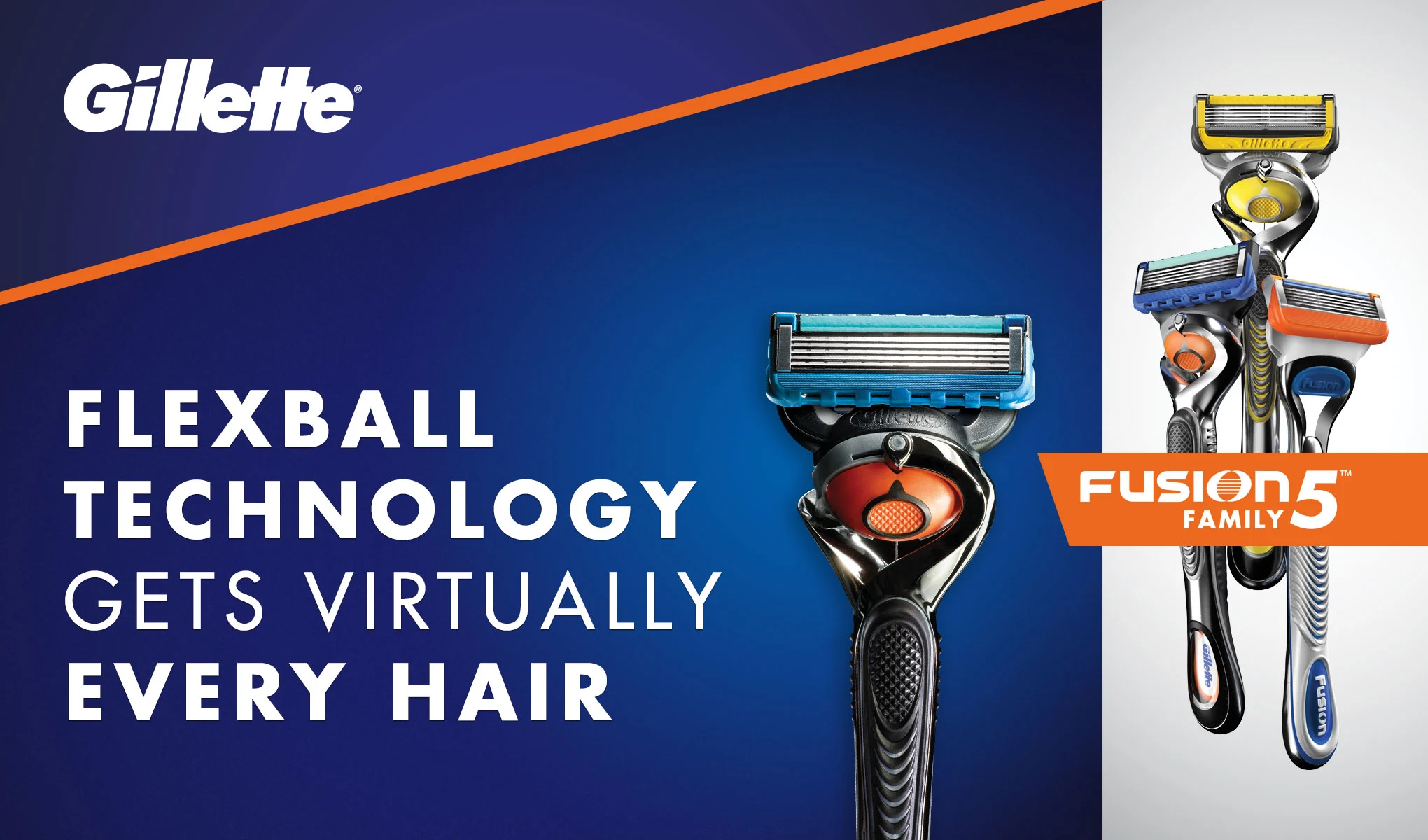 Gillette Fusion5-barberhøvler med Flexball-teknologi. Til venstre teksten «Gillette» og «Flexball Technology Gets Virtually Every Hair» på en blå bakgrunn med en oransje diagonal linje. Til høyre vises flere barberhøvler fra Fusion5-serien, med ulike farger på barberhodet, og teksten «Fusion5 Family» på et oransje banner. Bakgrunnen er delt inn i blått og hvitt, noe som fremhever produktene og teksten.