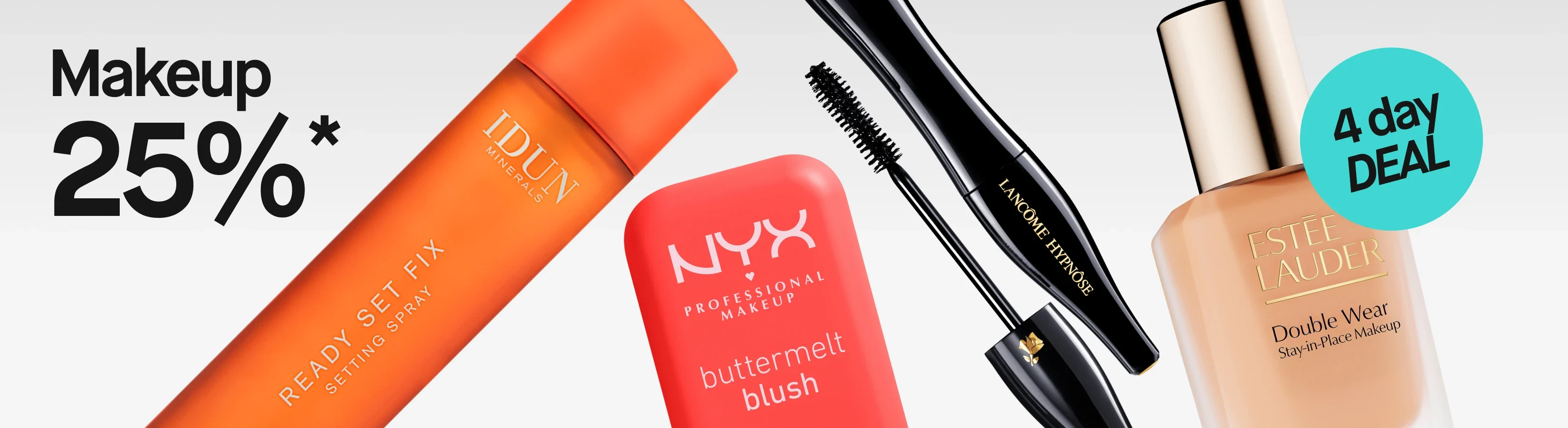 Makeup 25%* 4 day DEAL med IDUN Minerals Ready Set Fix Setting Spray, NYX Professional Makeup Buttermelt Blush, Lancôme Hypnôse mascara och Estée Lauder Double Wear Stay-in-Place Makeup SPF 10.