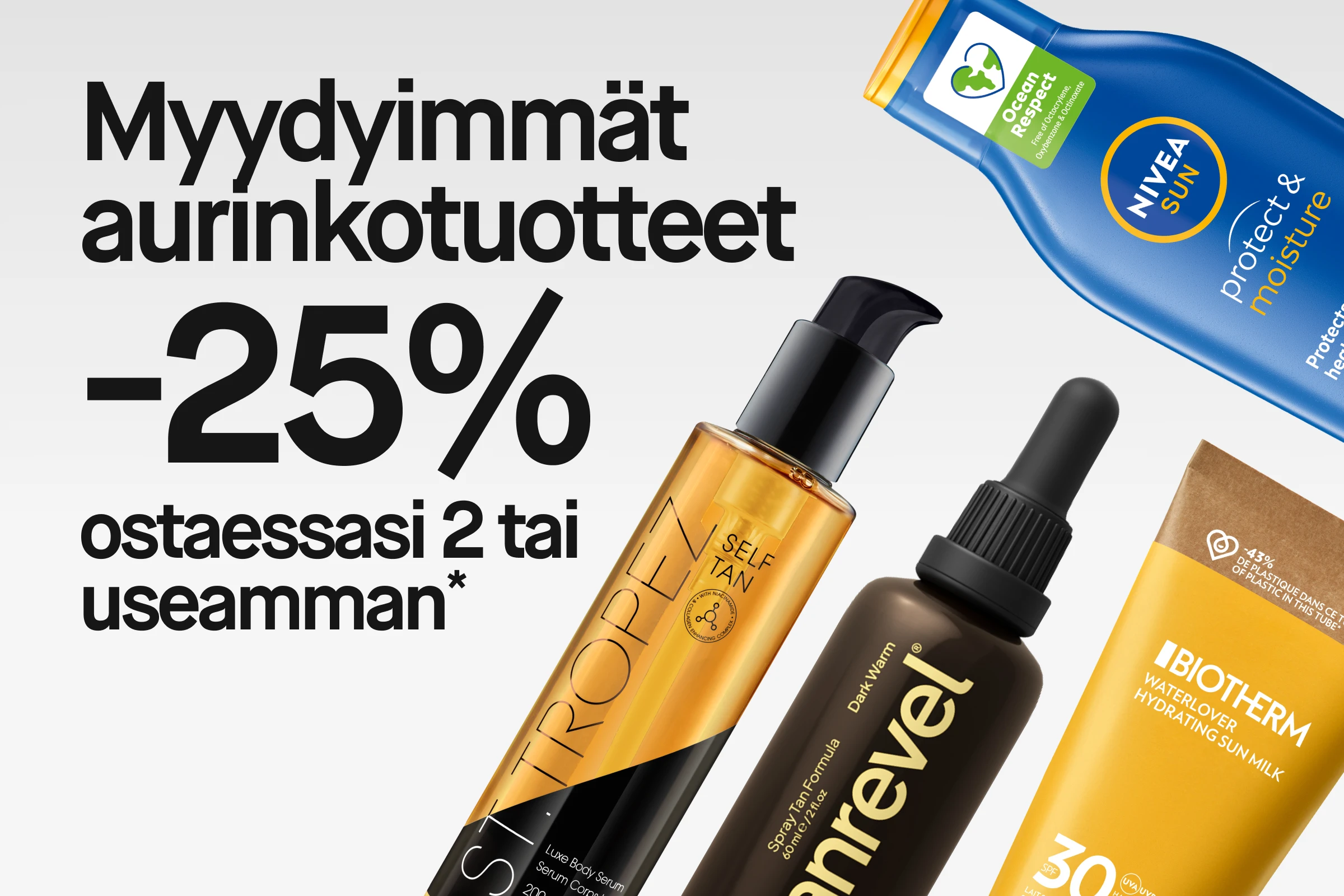 Kampanjakuva tekstillä “Bästsäljande solprodukter 25% vid köp av 2 eller fler*” sekä tuotteet St.Tropez Self Tan, Tanrevel spray, Biotherm Waterlover Hydrating Sun Milk SPF 30 ja ACO Sun Face Cream SPF 50.