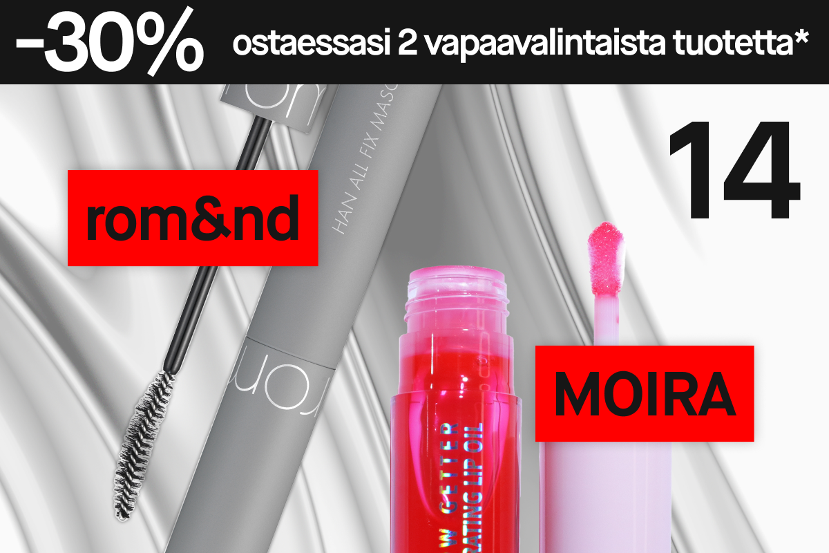 Kaksi meikkituotetta – rom&nd-ripsiväri ja Moira-huulikiilto – hopeisella taustalla ja teksti “30% ostaessa 2”.