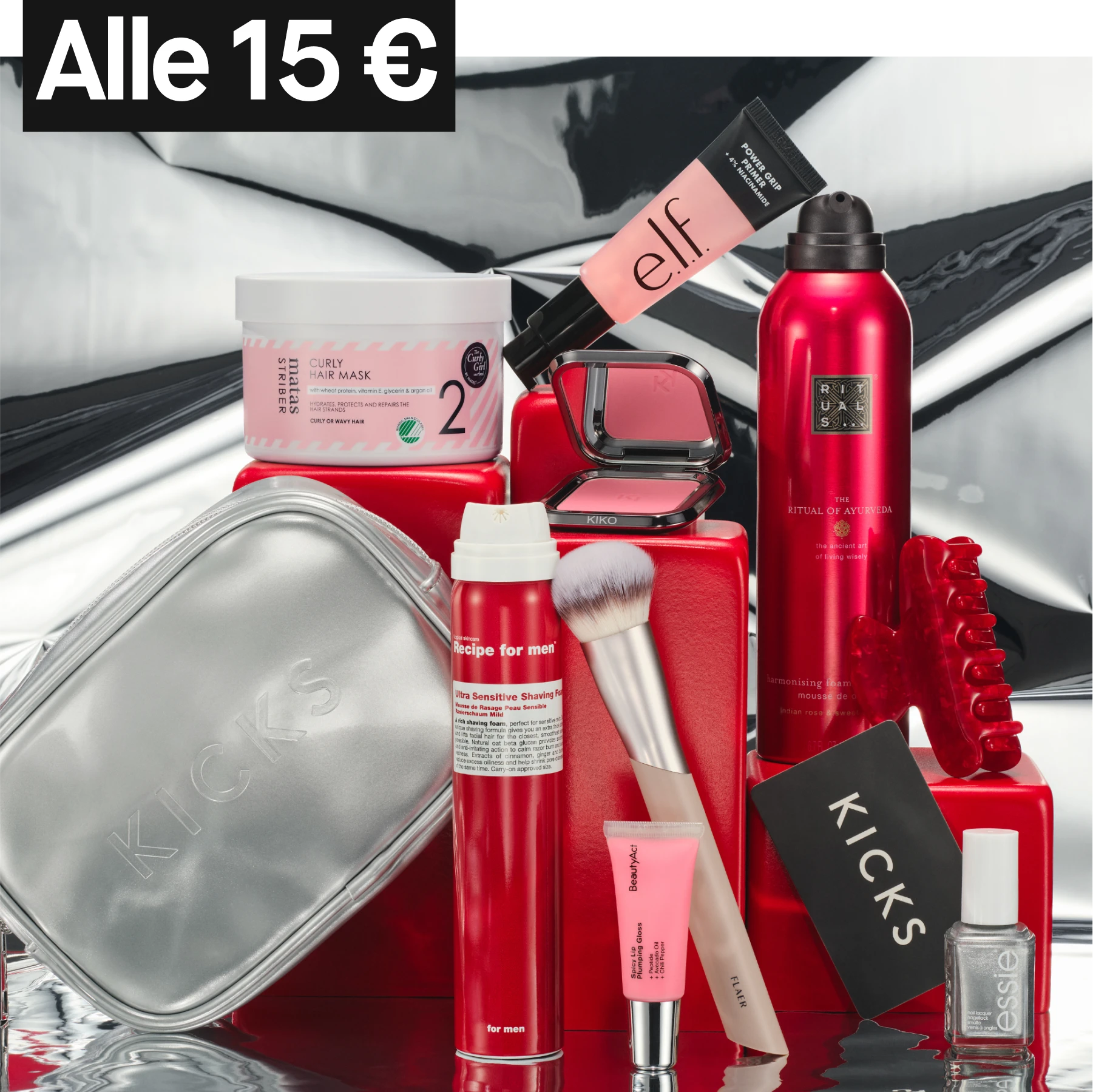 Tuotteita hopeista taustaa vasten tekstillä "alle 15 €"