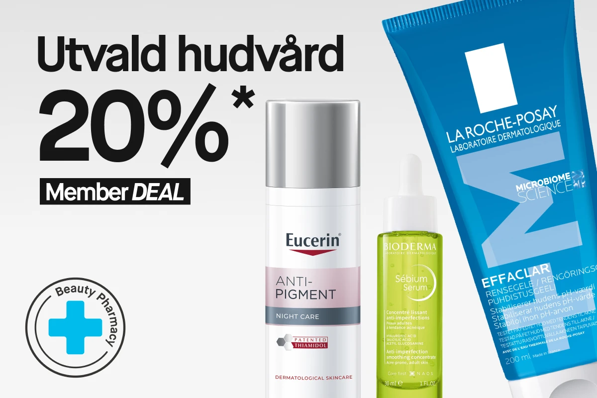 Kampanjbild med texten ”Utvald hudvård 20%* Member DEAL” till vänster. Till höger visas hudvårdsprodukter: Eucerin Anti-Pigment Night Care i vit pumpflaska, Bioderma Sébium Serum i grön glasflaska med pipett samt La Roche-Posay Effaclar rengöringsgel i blå tub. En rund ”Beauty Pharmacy”-ikon med blått kors visas längst ned till vänster.